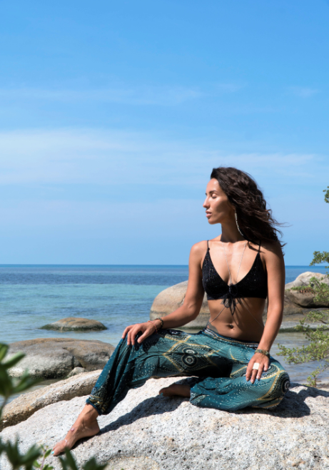 High Crotch Harem Pants - Diamond Peacock Feather - Teal