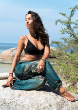 High Crotch Harem Pants - Diamond Peacock Feather - Teal