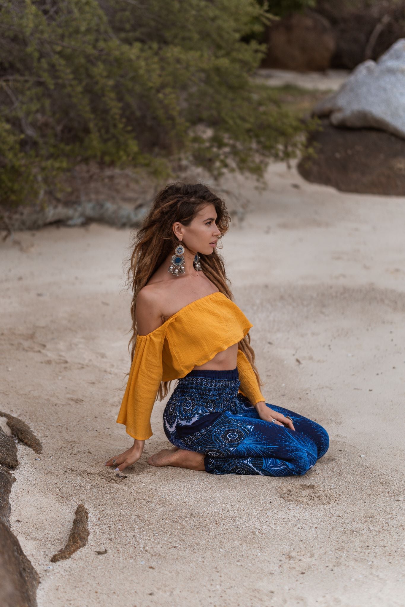 High Crotch Harem Pants - Vibrant Peacock Feather - Blue