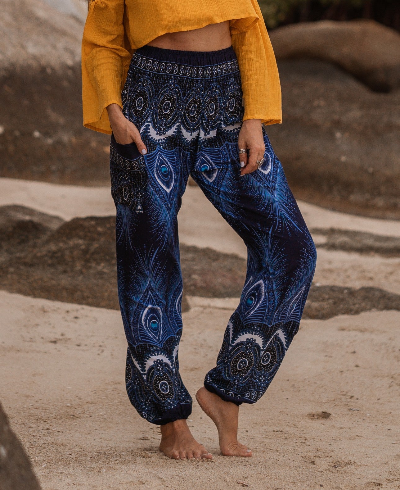 High Crotch Harem Pants - Vibrant Peacock Feather Print - Blue