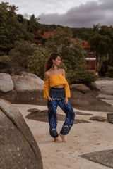 High Crotch Harem Pants - Vibrant Peacock Feather - Blue