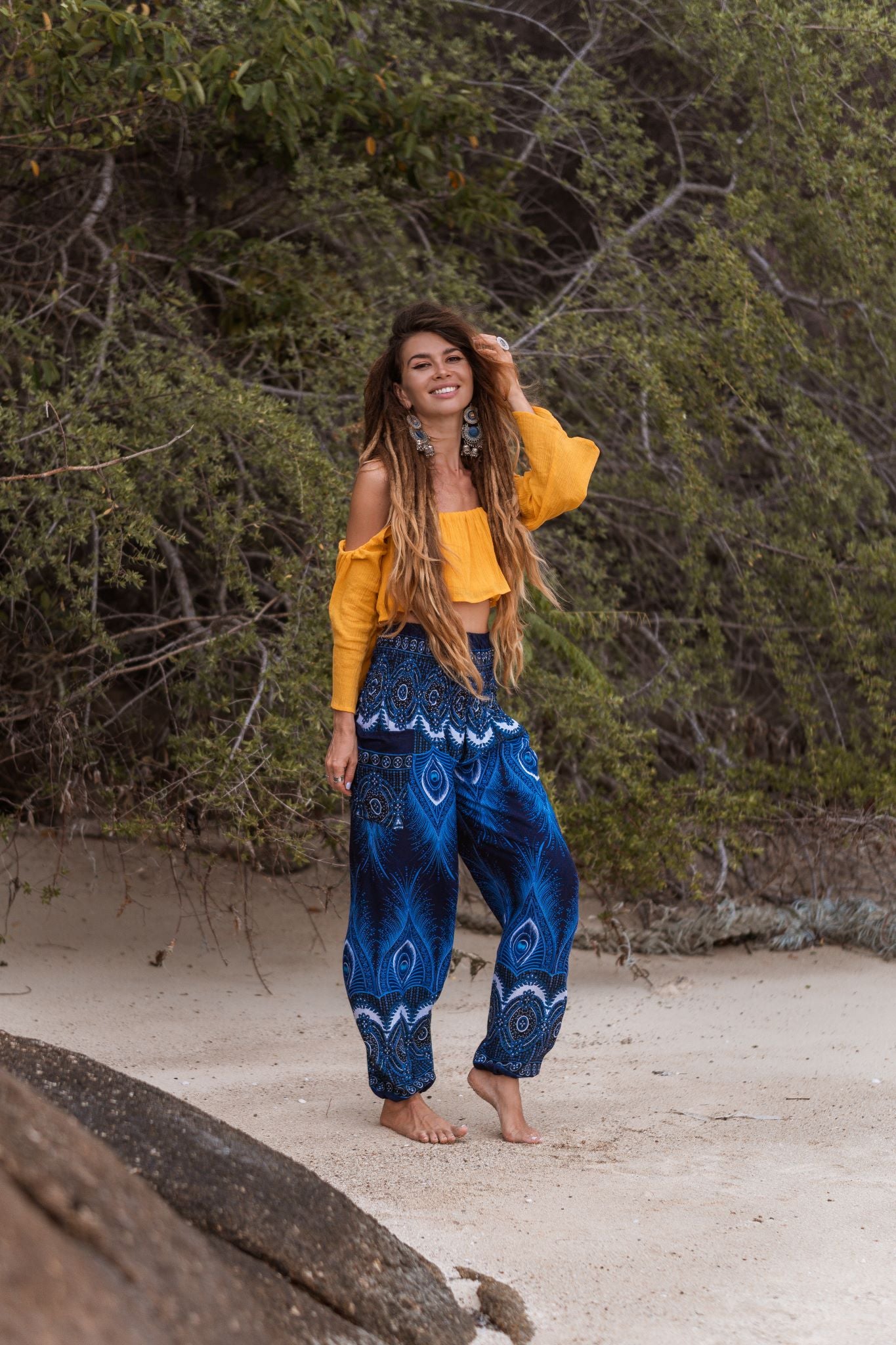 High Crotch Harem Pants - Vibrant Peacock Feather - Blue
