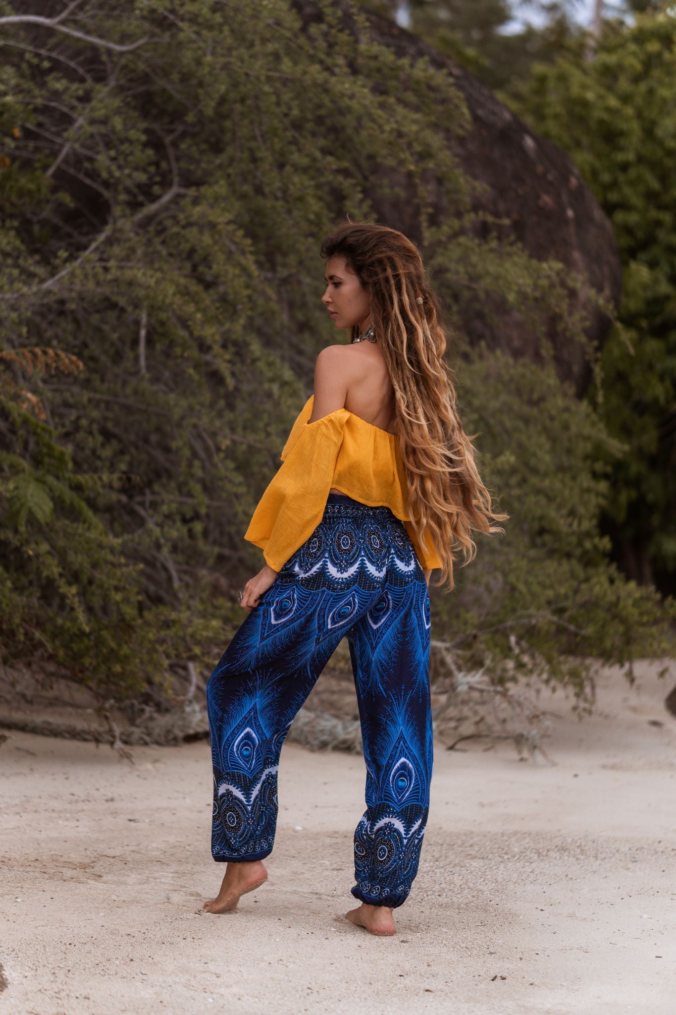 High Crotch Harem Pants - Vibrant Peacock Feather - Blue