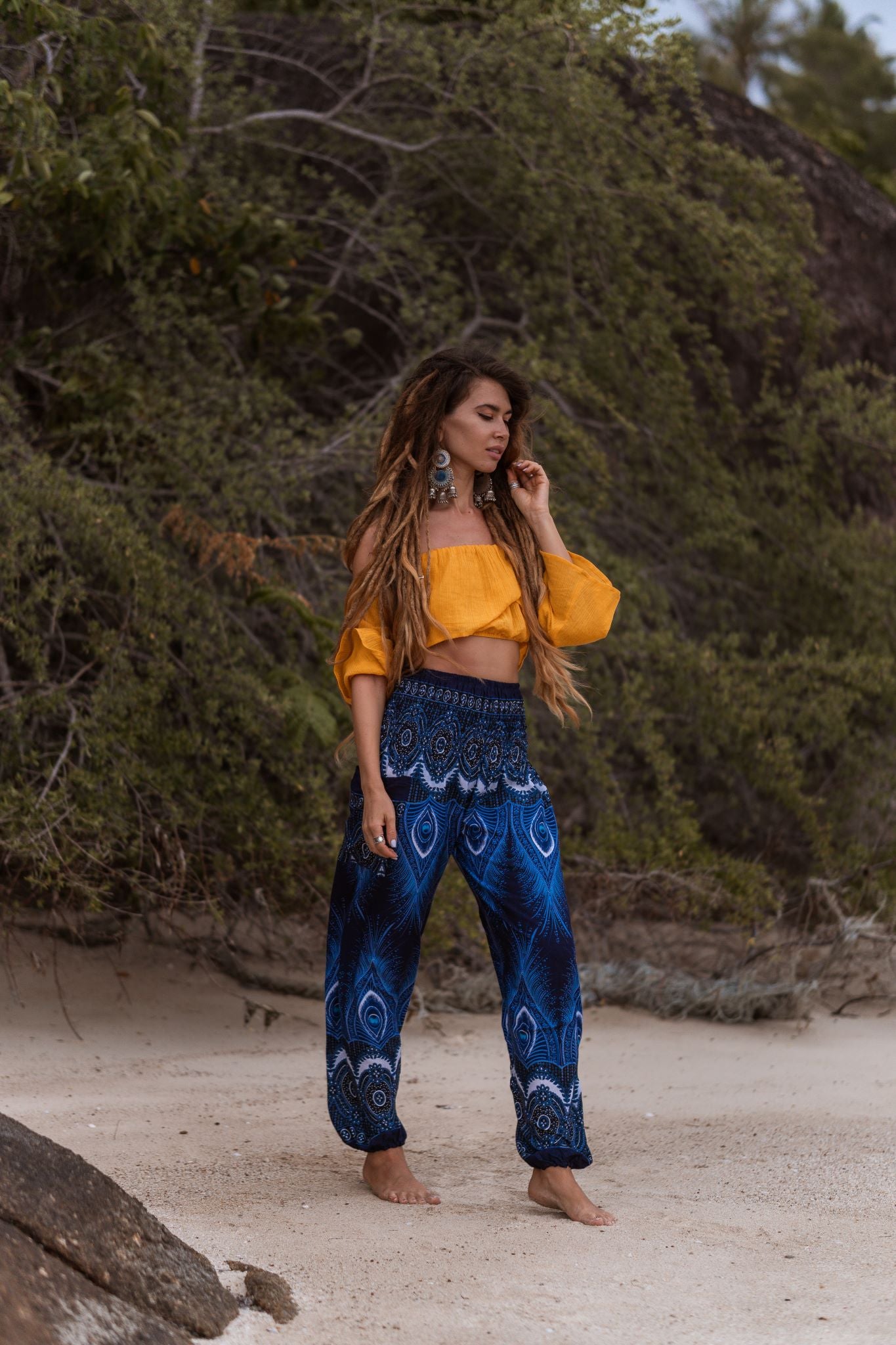 High Crotch Harem Pants - Vibrant Peacock Feather Print - Blue