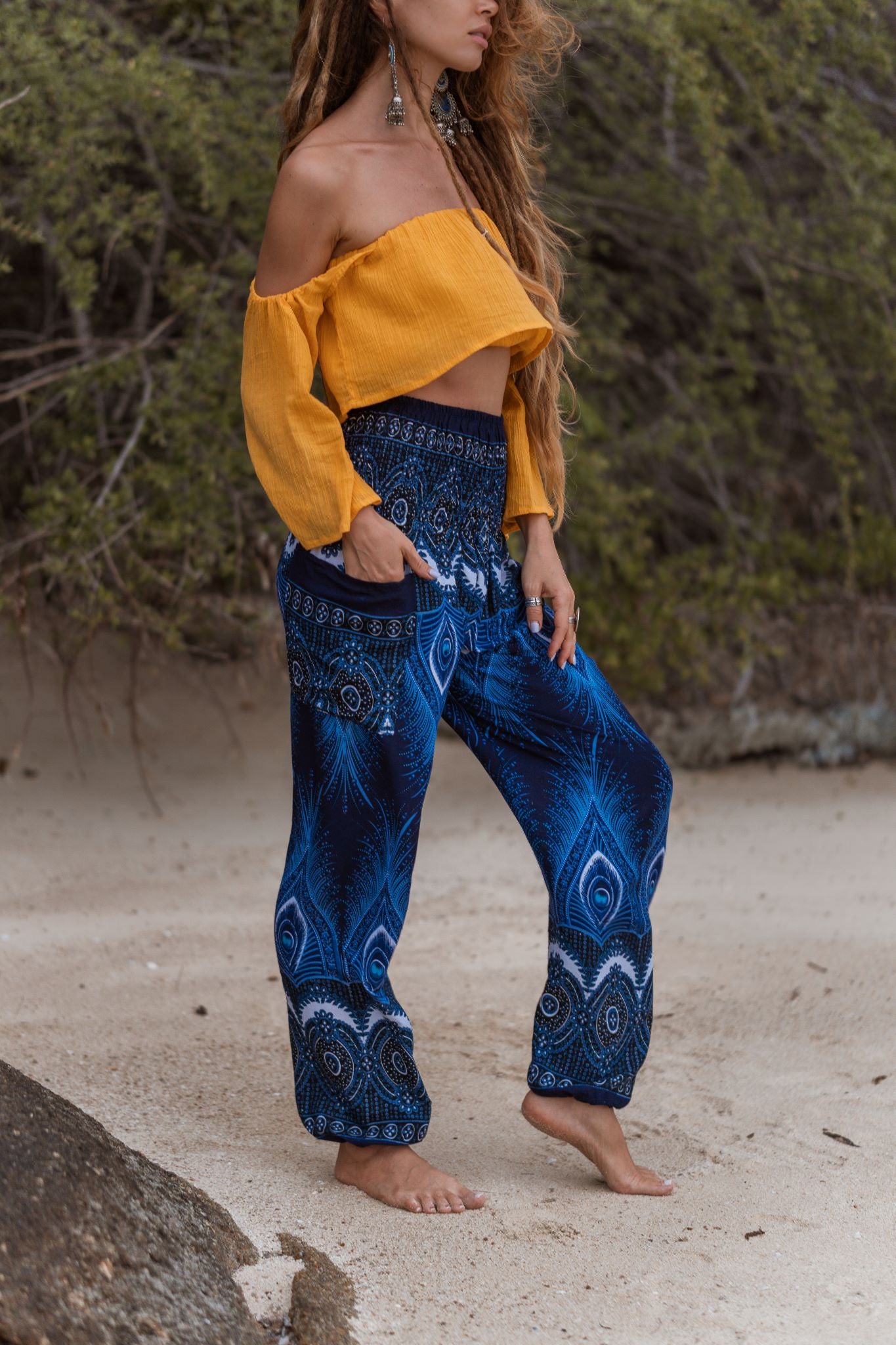 High Crotch Harem Pants - Vibrant Peacock Feather - Blue