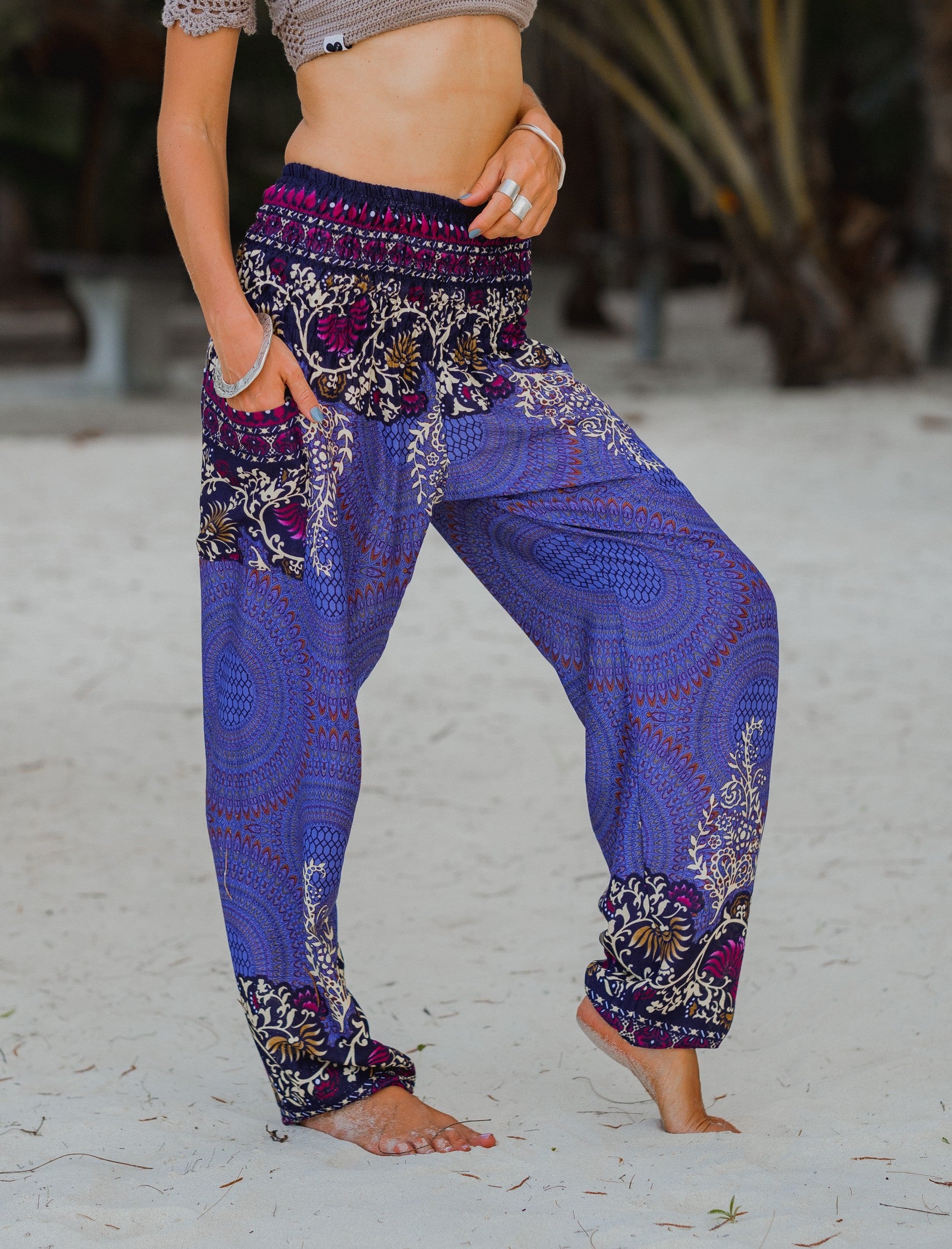 High Crotch Harem Pants - Large Paisley Print - Blue