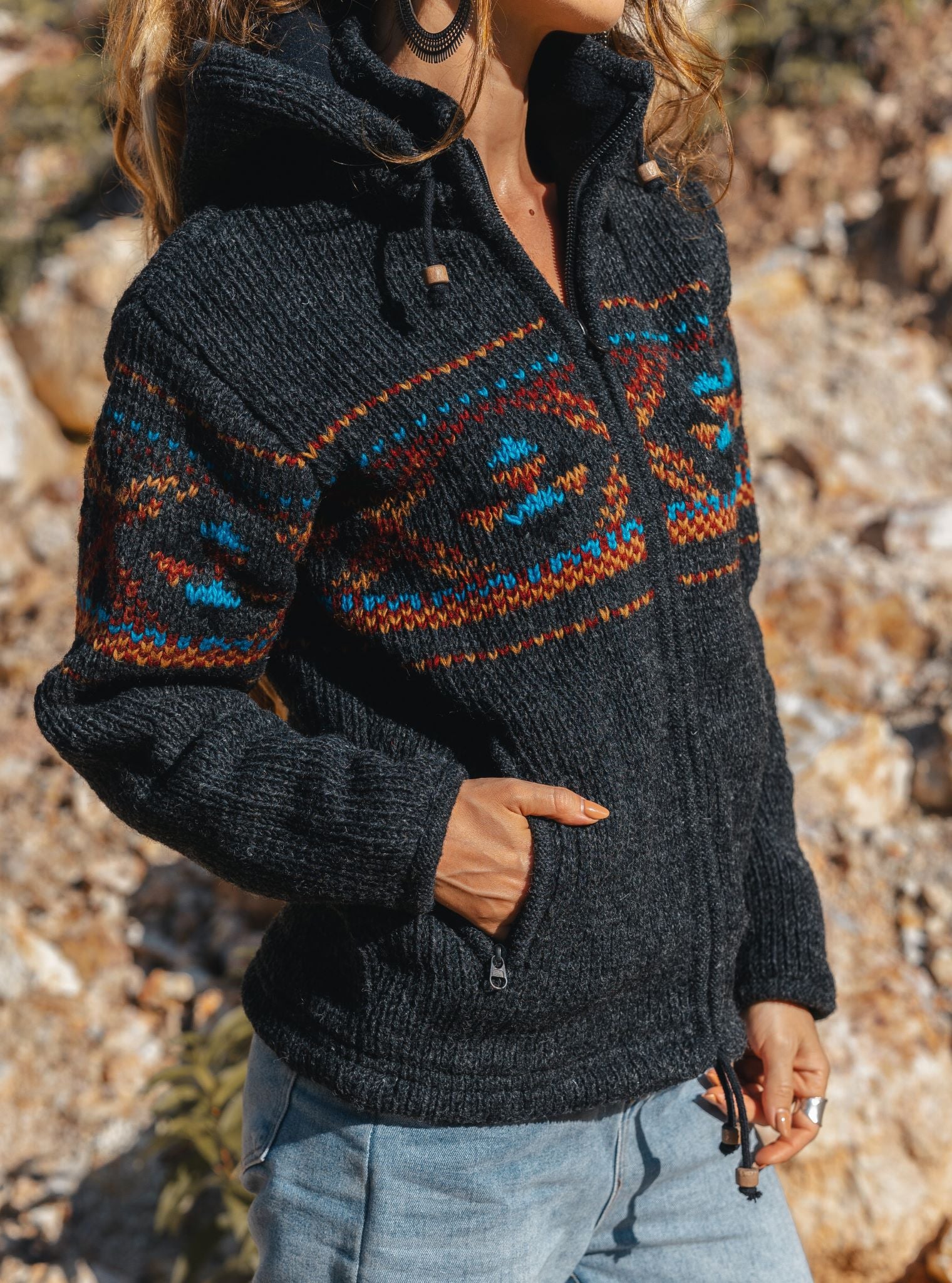 Wool Jacket - Cross Design - Charcoal