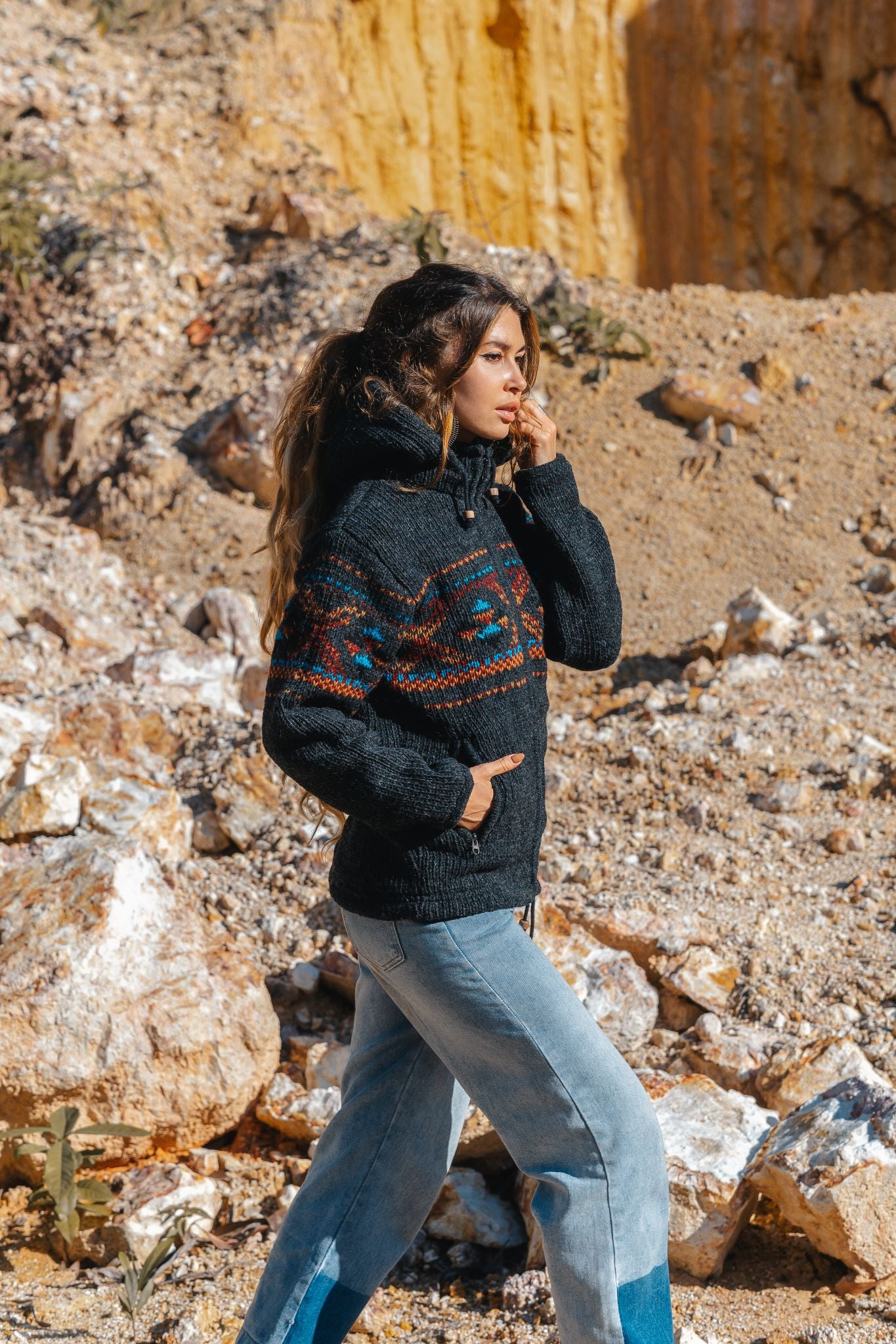 Wool Jacket - Cross Design - Charcoal