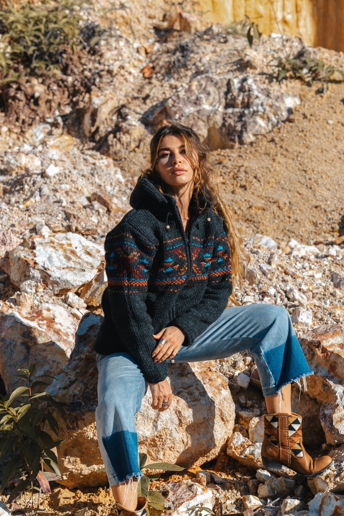 Wool Jacket - Cross Design - Charcoal