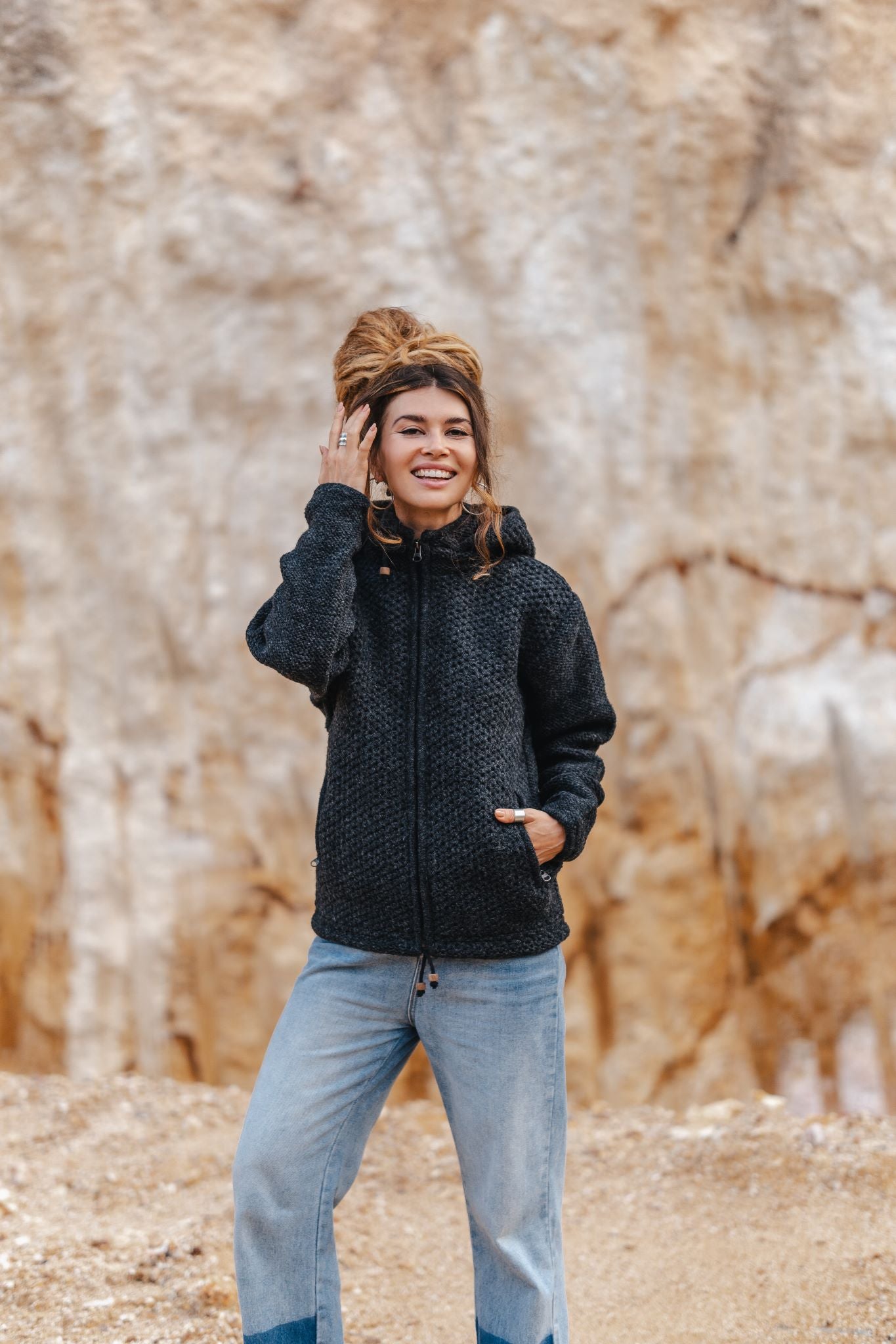 Wool Jacket - Eyelet Pattern - Charcoal