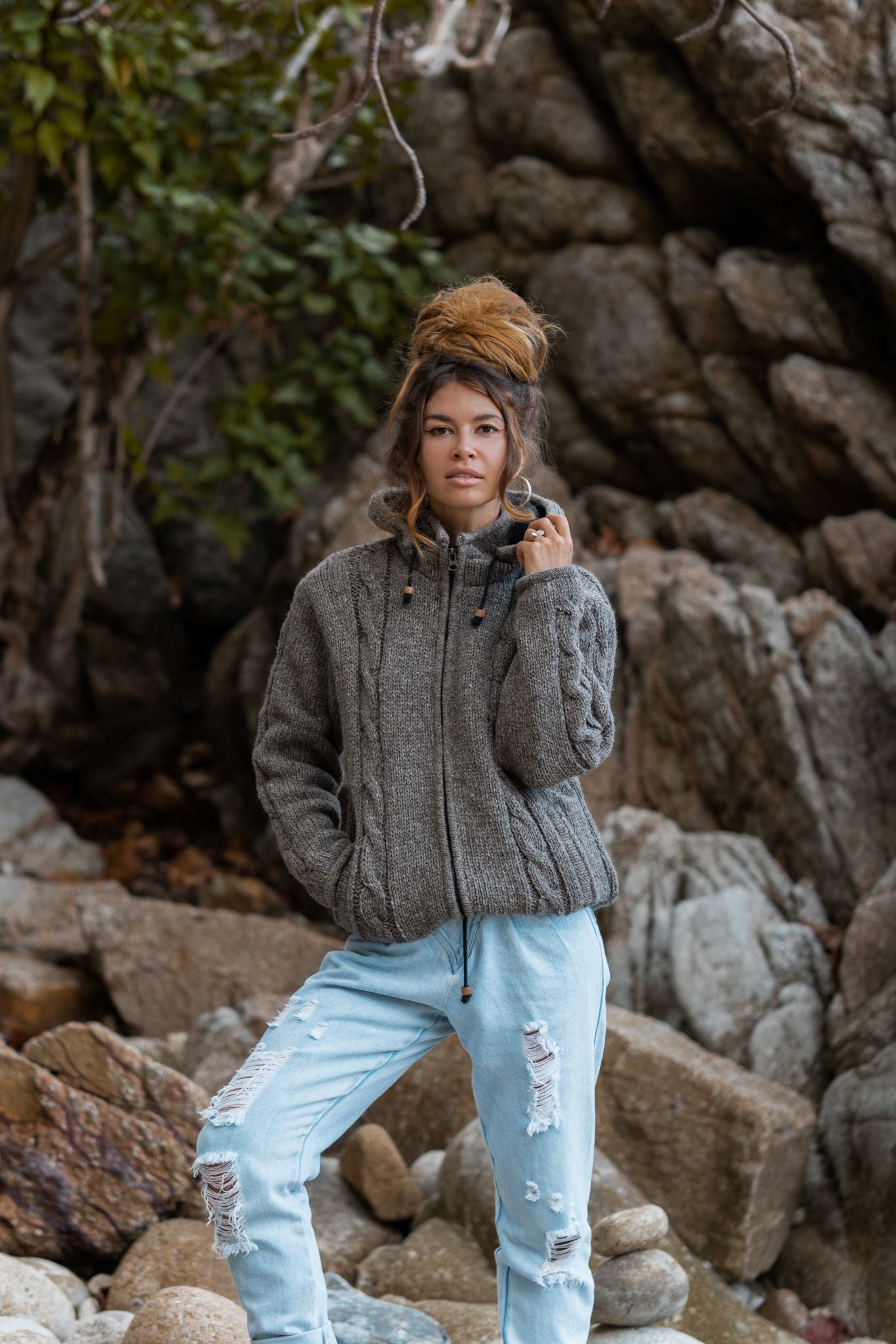 Wool Jacket - Cable Knit Aran - Brown