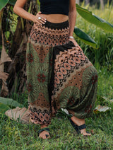 Harem Pants - Mandala Peacock Print - Green