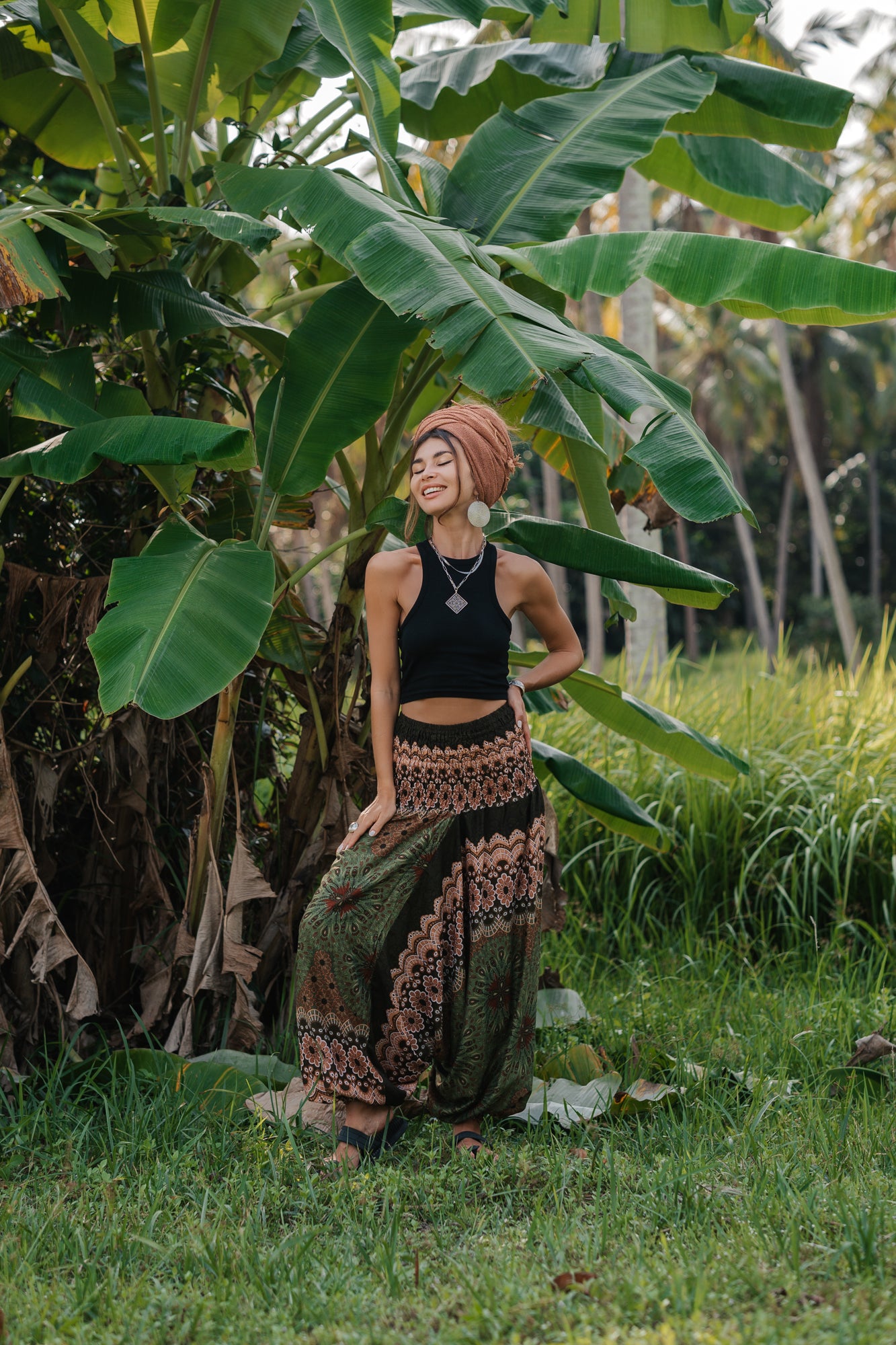 Harem Pants - Mandala Peacock Print - Green