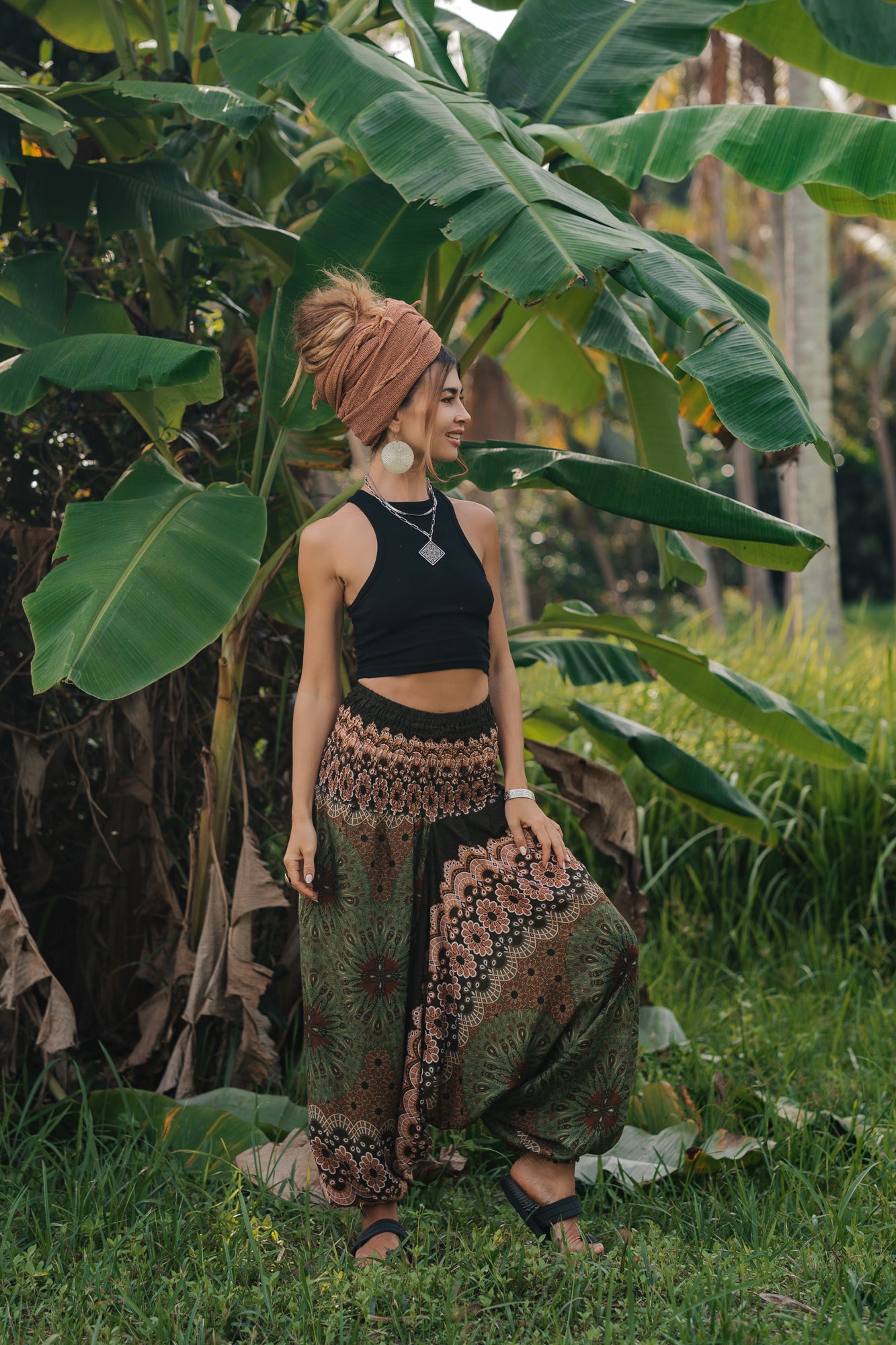 Harem Pants - Mandala Peacock Print - Green