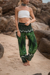 High Crotch Harem Pants - Vibrant Peacock Feather - Green