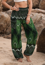 High Crotch Harem Pants - Vibrant Peacock Feather - Green