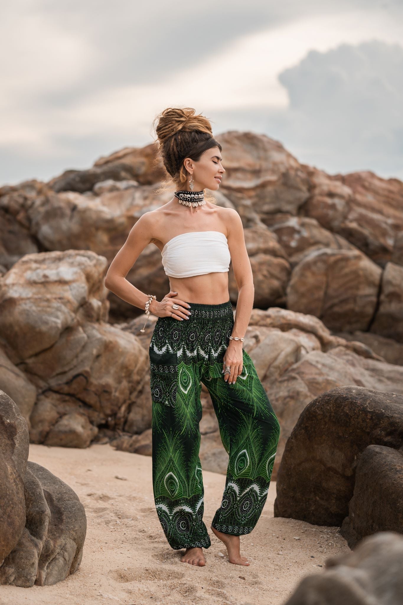 High Crotch Harem Pants - Vibrant Peacock Feather - Green