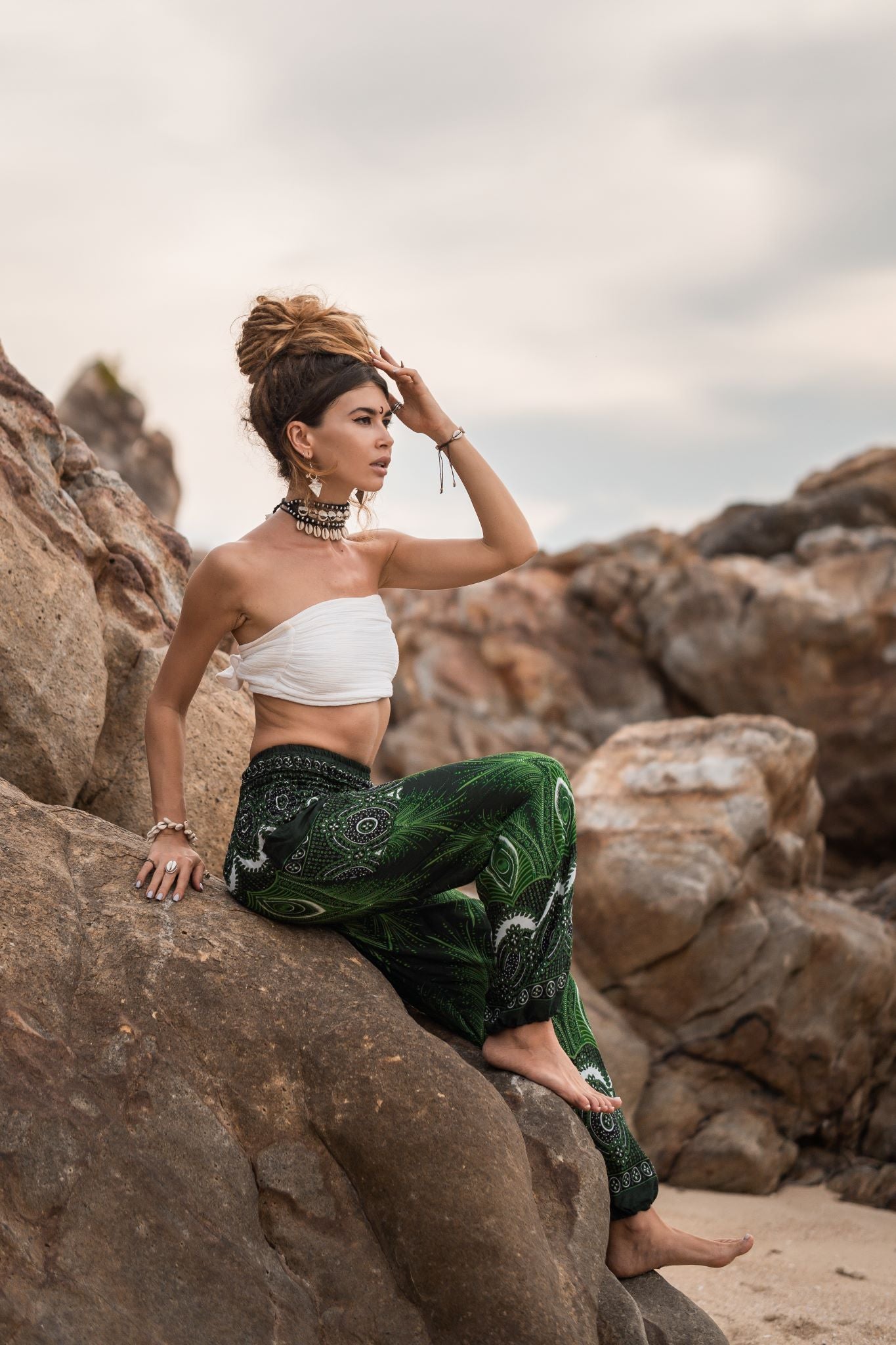 High Crotch Harem Pants - Vibrant Peacock Feather - Green