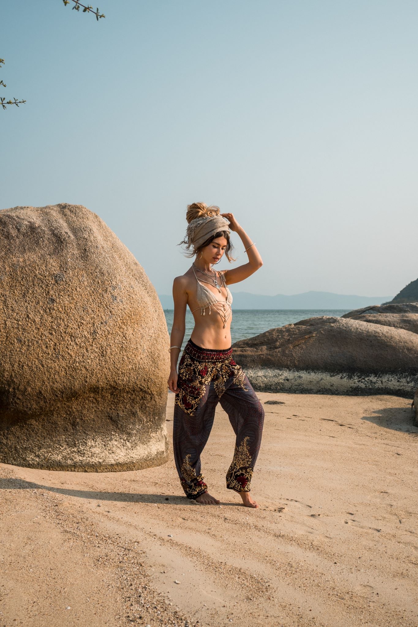 High Crotch Harem Pants - Large Paisley Print - Grey