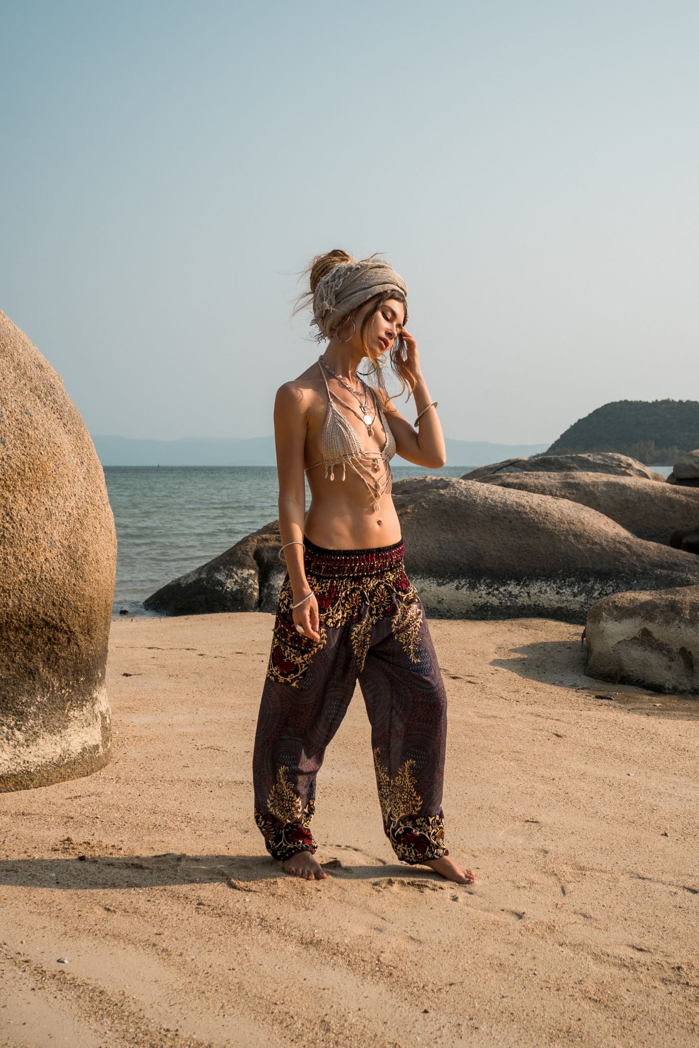 High Crotch Harem Pants - Large Paisley Print - Grey