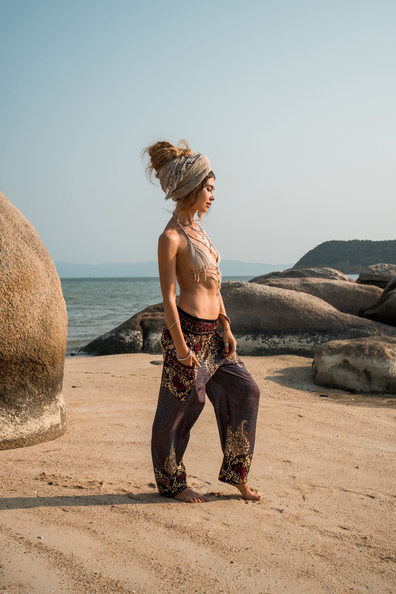 High Crotch Harem Pants - Large Paisley Print - Grey