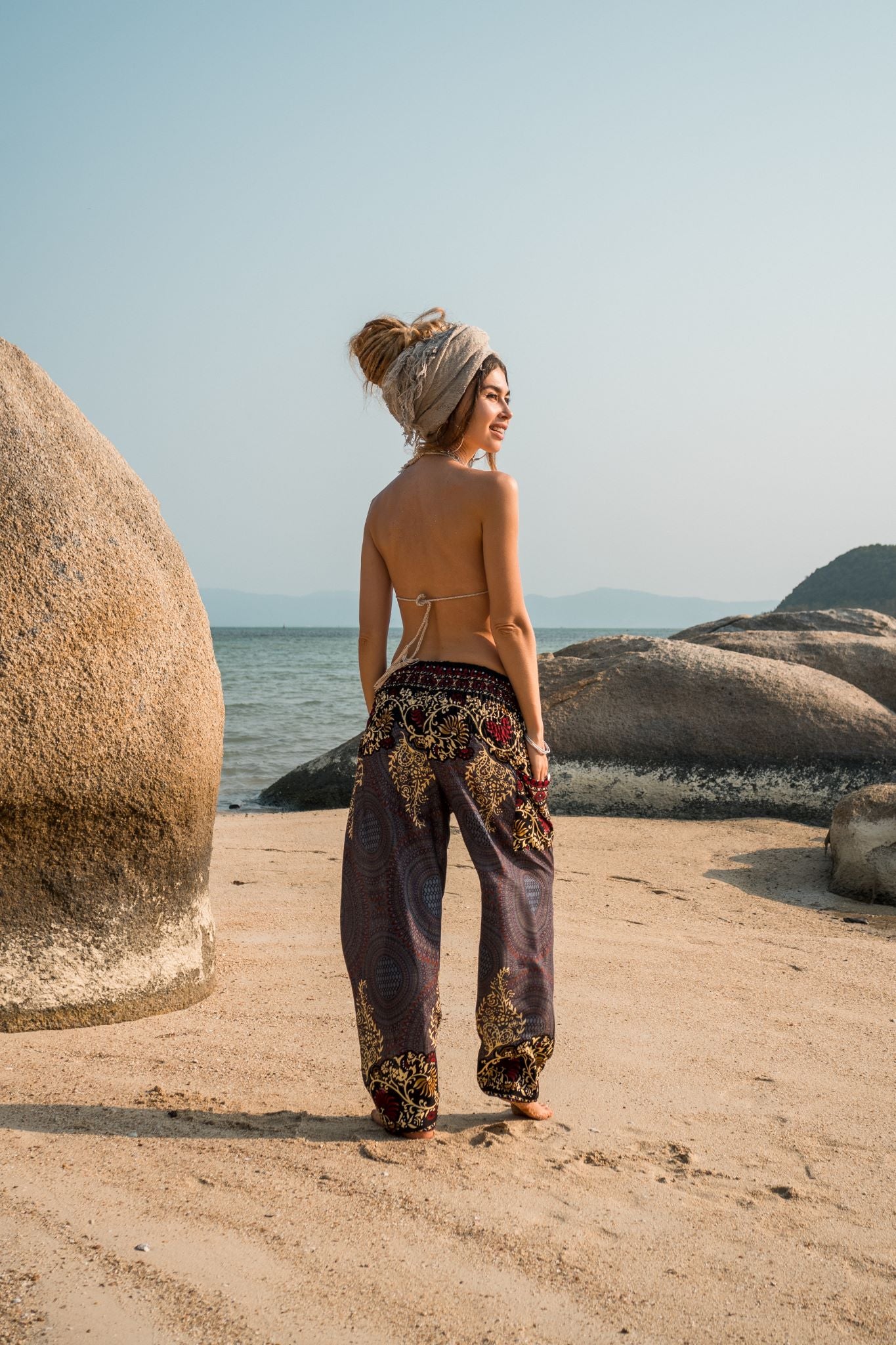 High Crotch Harem Pants - Large Paisley Print - Grey