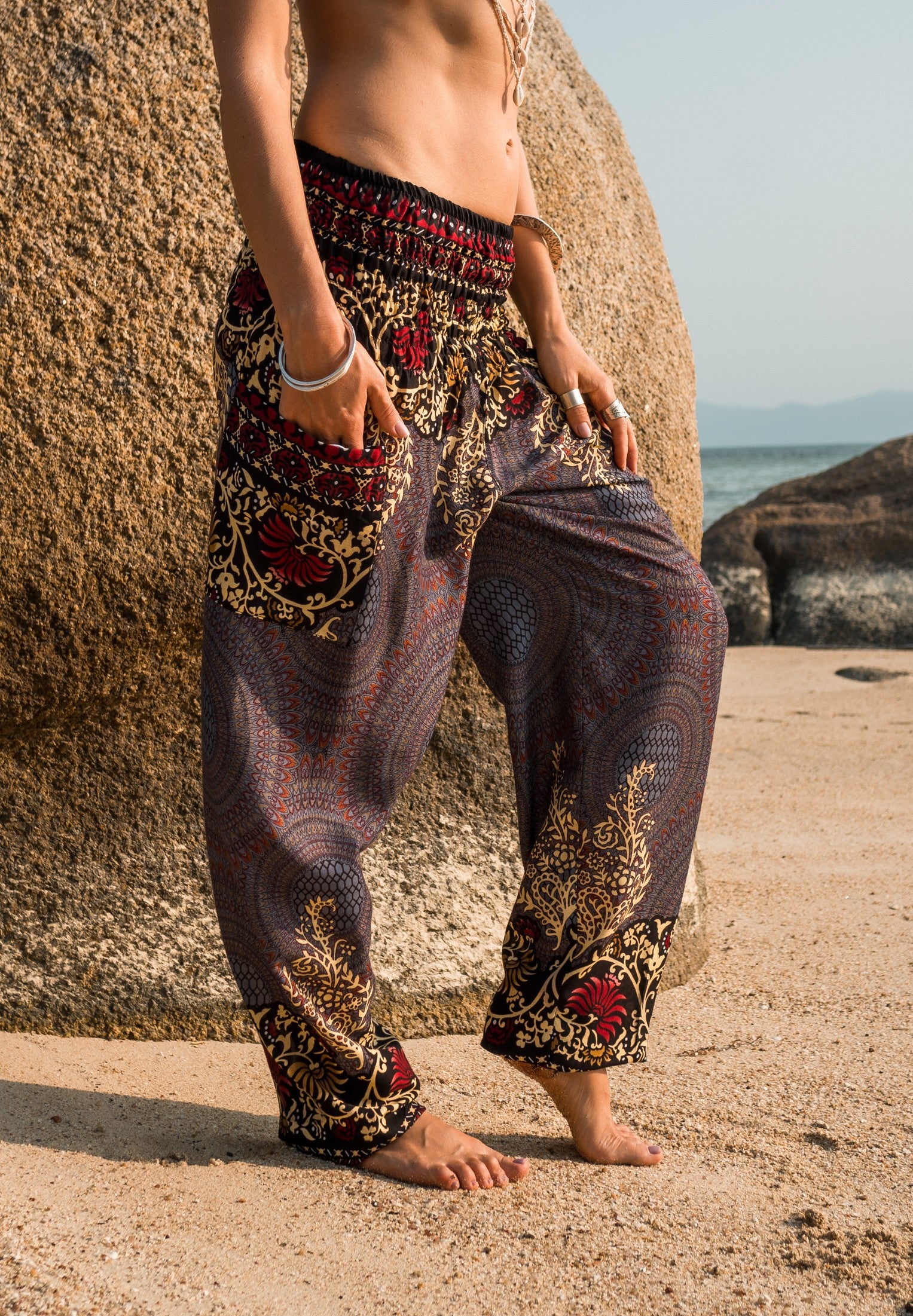 High Crotch Harem Pants - Large Paisley Print - Grey