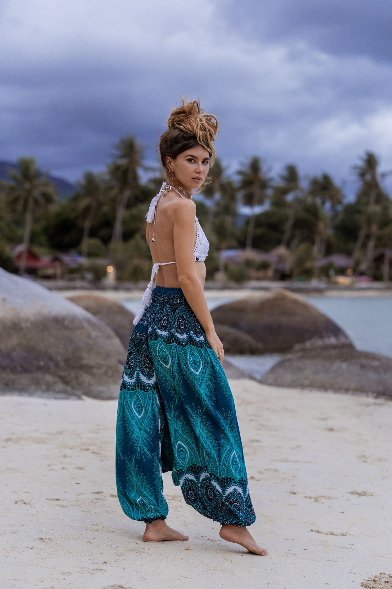 Harem Pants - Vibrant Peacock Feather - Turquoise