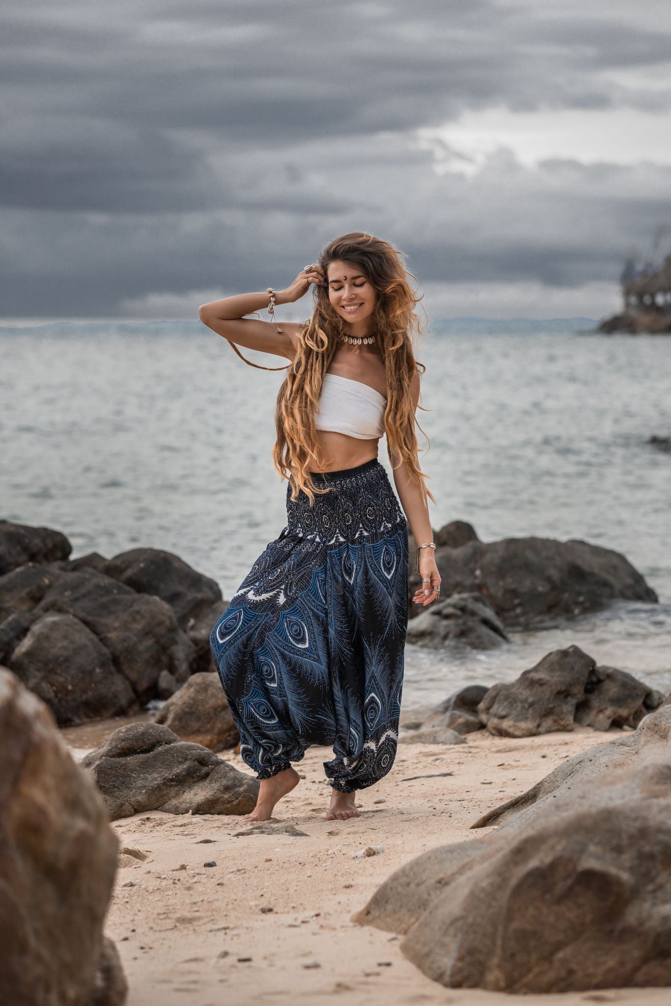 Harem Pants - Vibrant Peacock Feather - Black