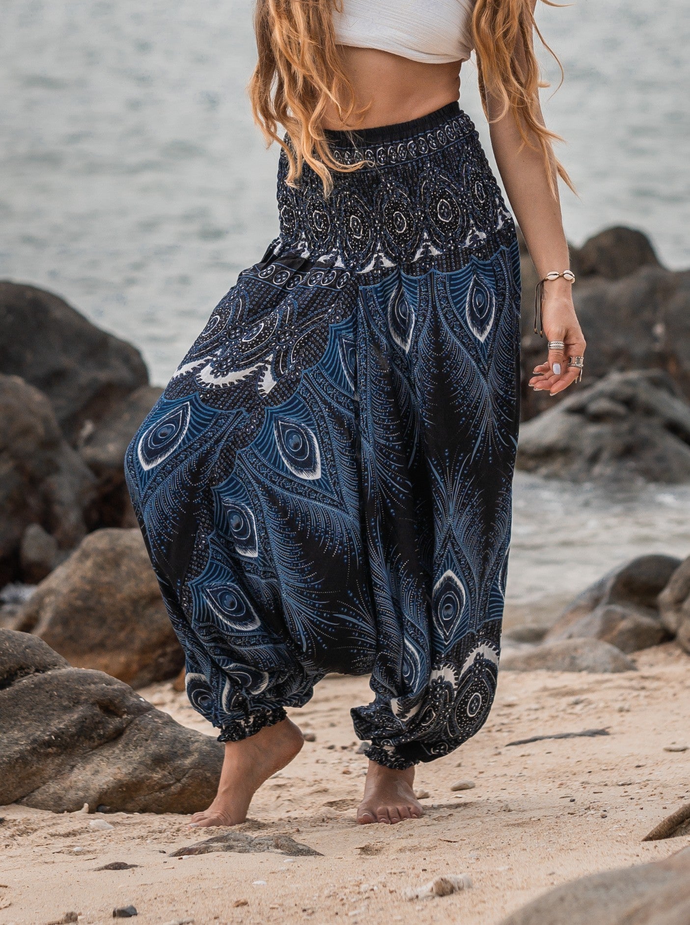 Harem Pants - Vibrant Peacock Feather - Black