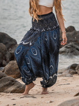 Harem Pants - Vibrant Peacock Feather - Black