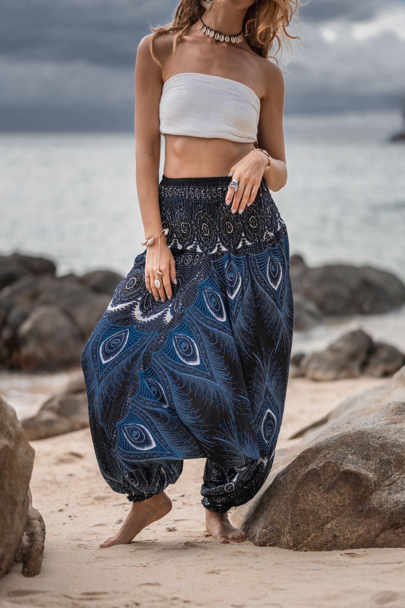 Harem Pants - Vibrant Peacock Feather - Black