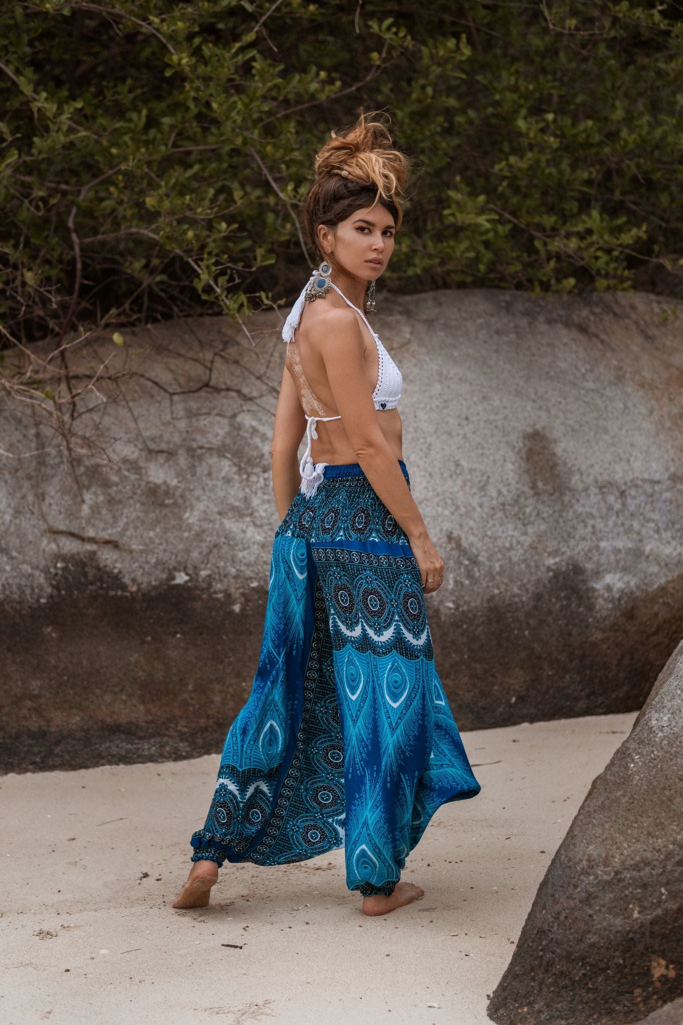 Harem Pants - Vibrant Peacock Feather - Bright Blue