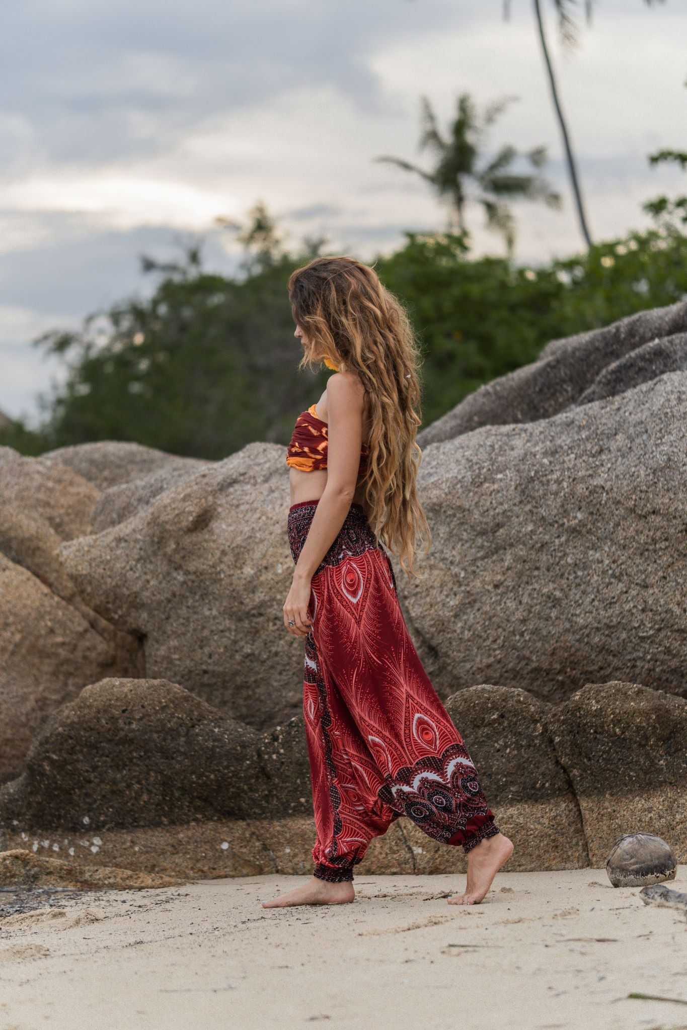 Harem Pants - Vibrant Peacock Feather - Red