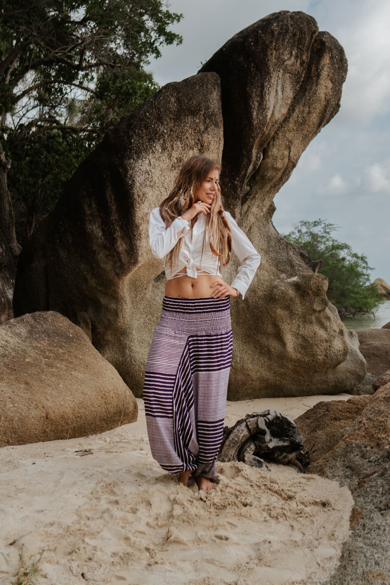 Harem Pants - Striped - Purple & White