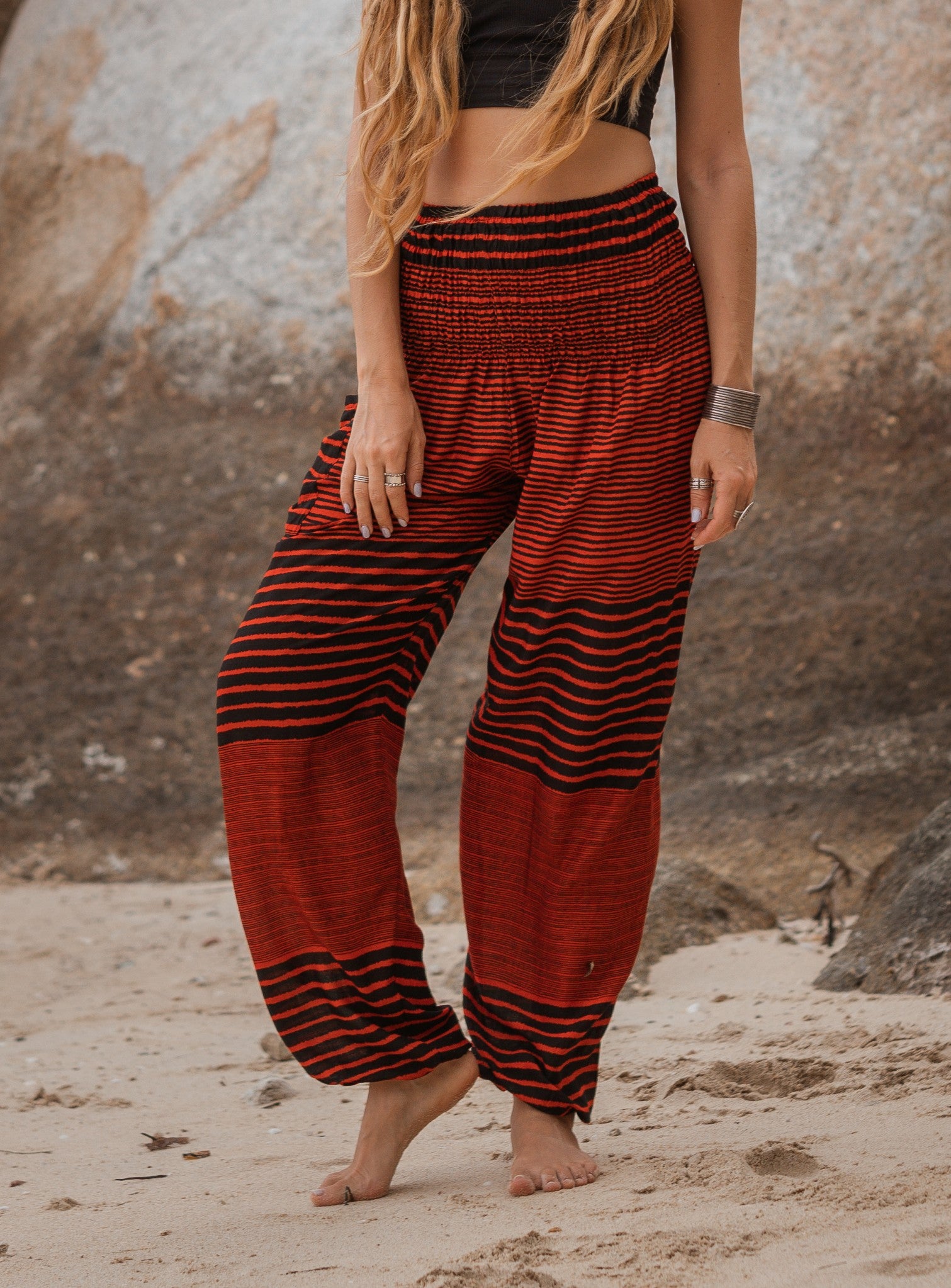 High Crotch Harem Pants - Striped - Orange & Black