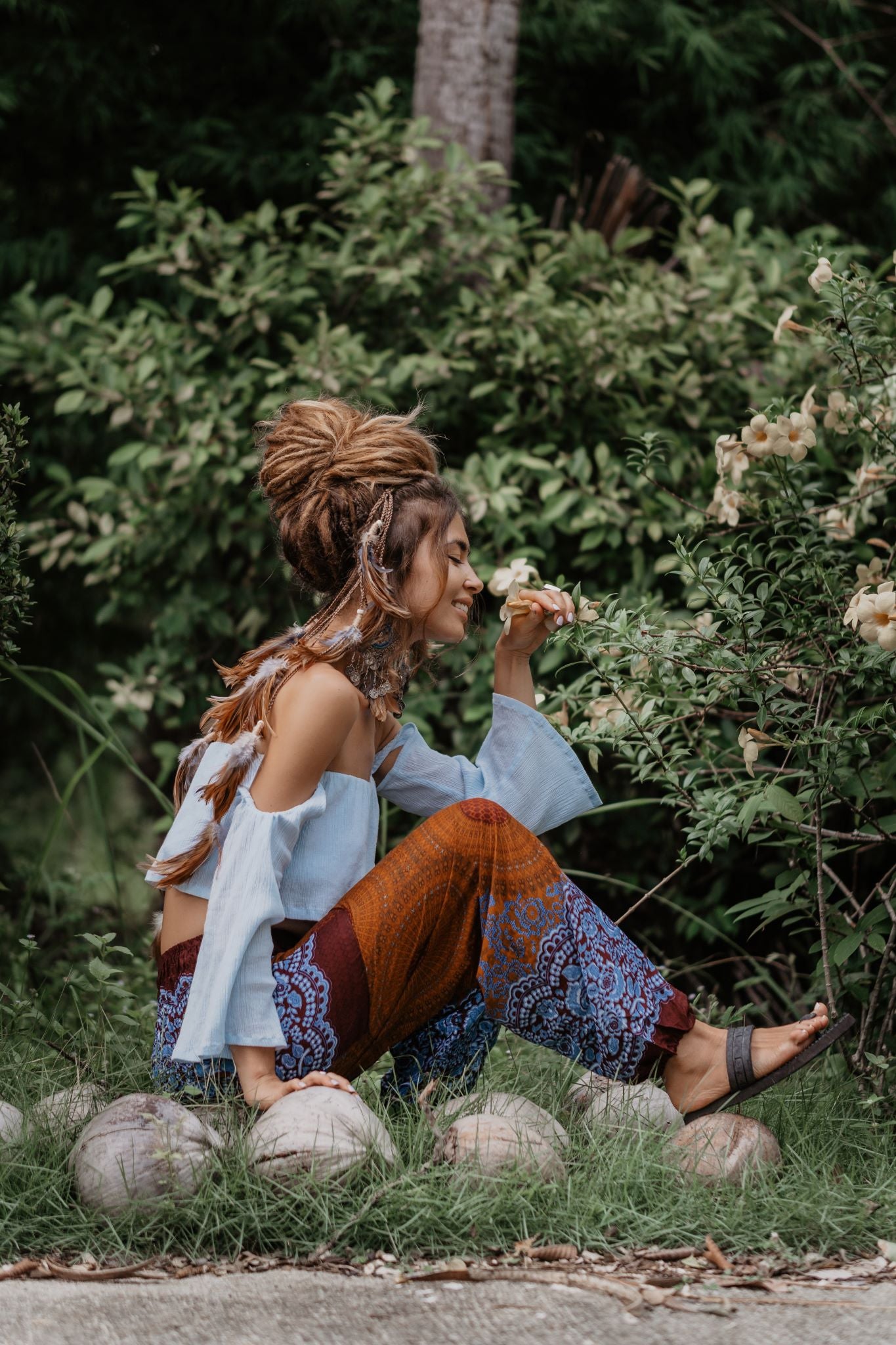 High Crotch Harem Pants - Mandala Print - Bronze/Blue