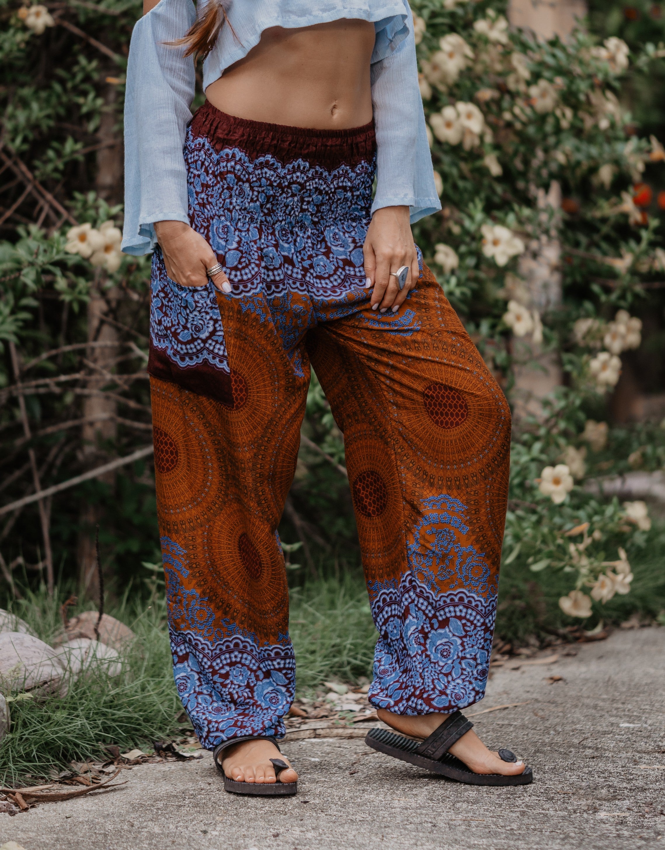 High Crotch Harem Pants - Mandala Print - Bronze/Blue