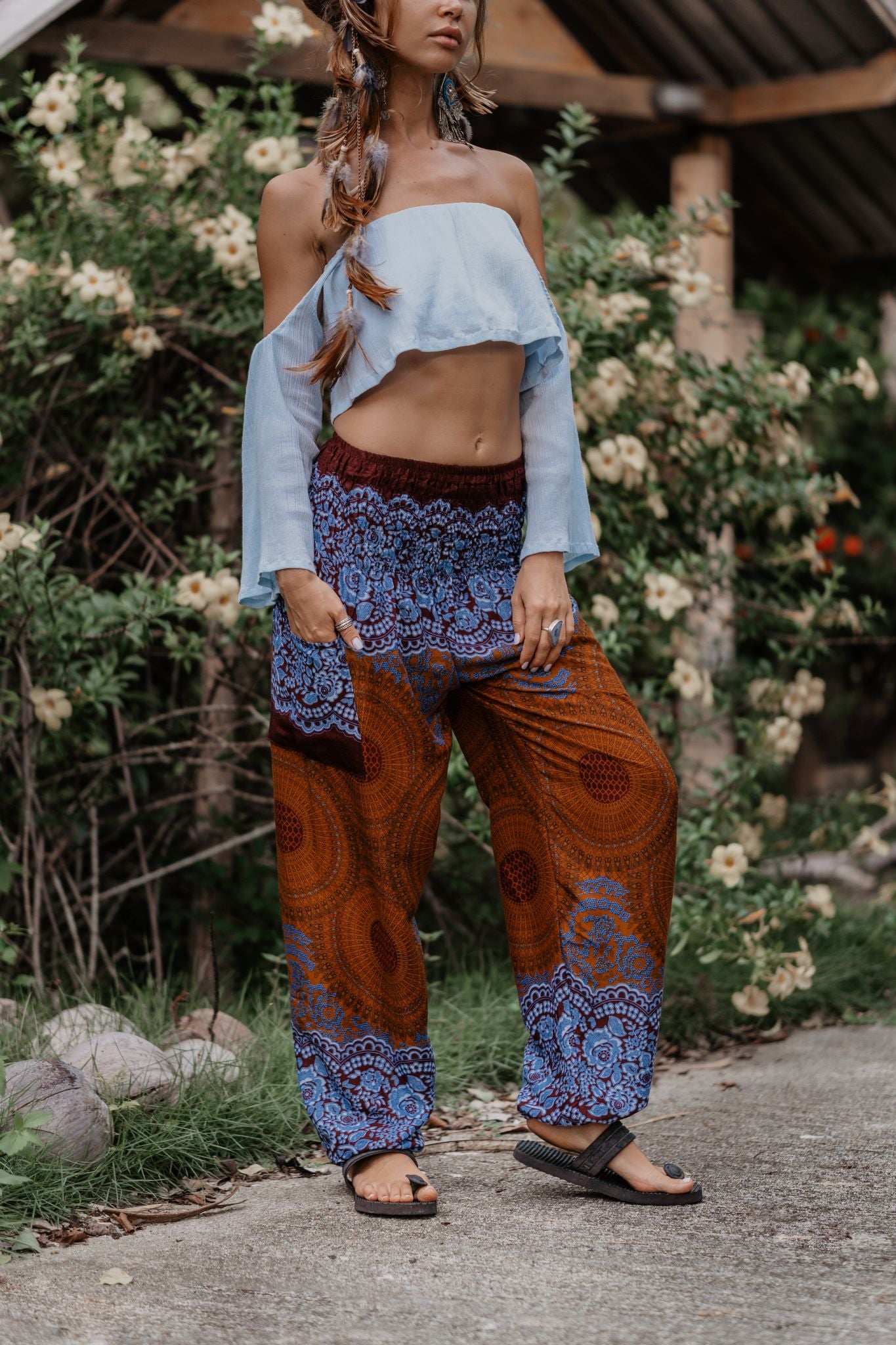 High Crotch Harem Pants - Mandala Print - Bronze/Blue
