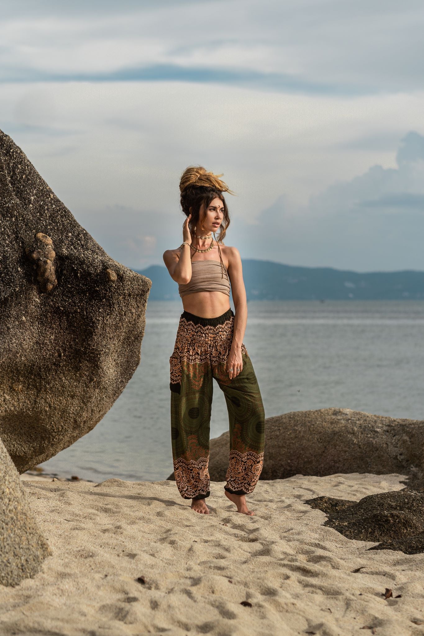 High Crotch Harem Pants - Mandala Print - Green