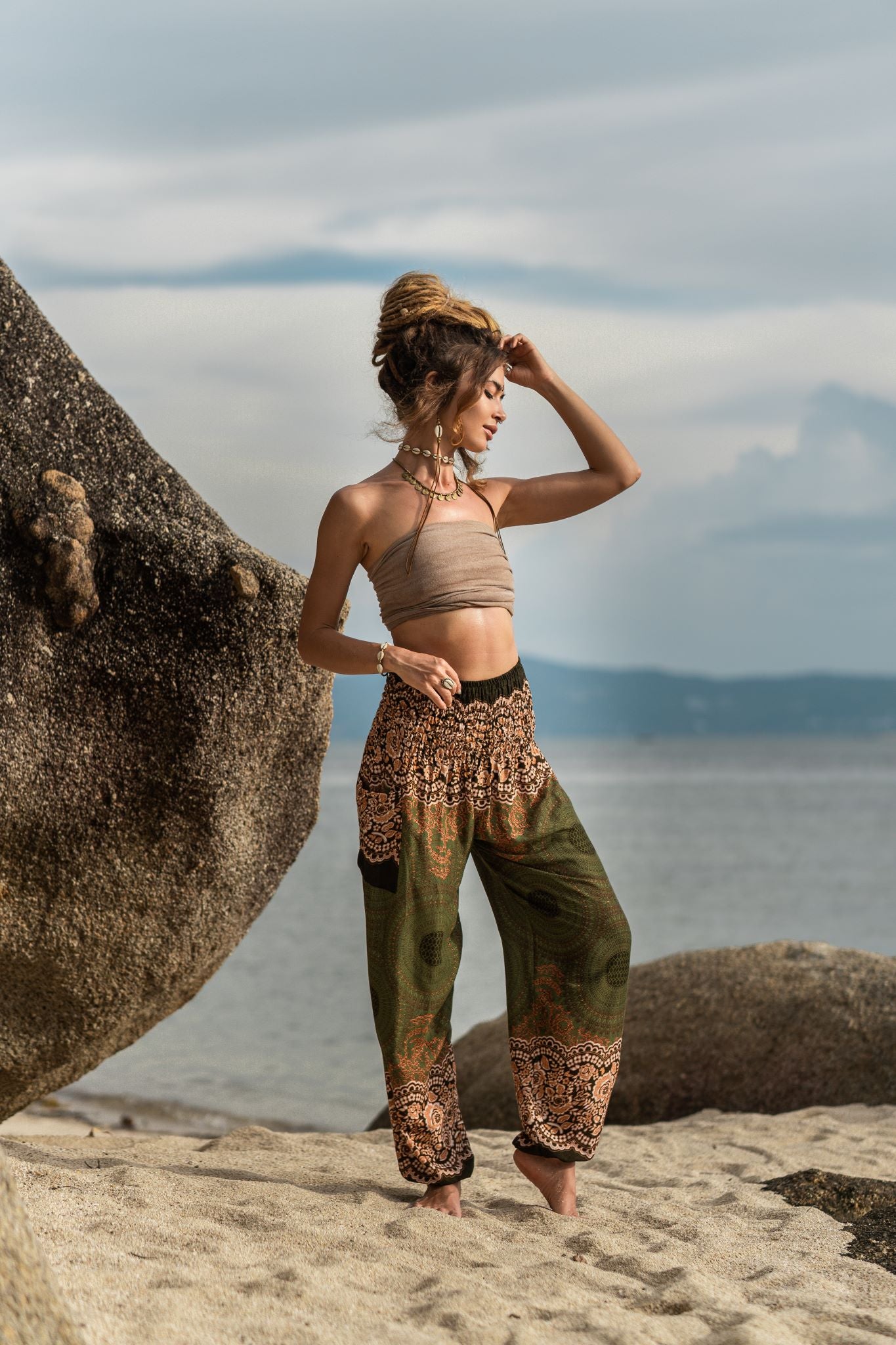 High Crotch Harem Pants - Mandala Print - Green