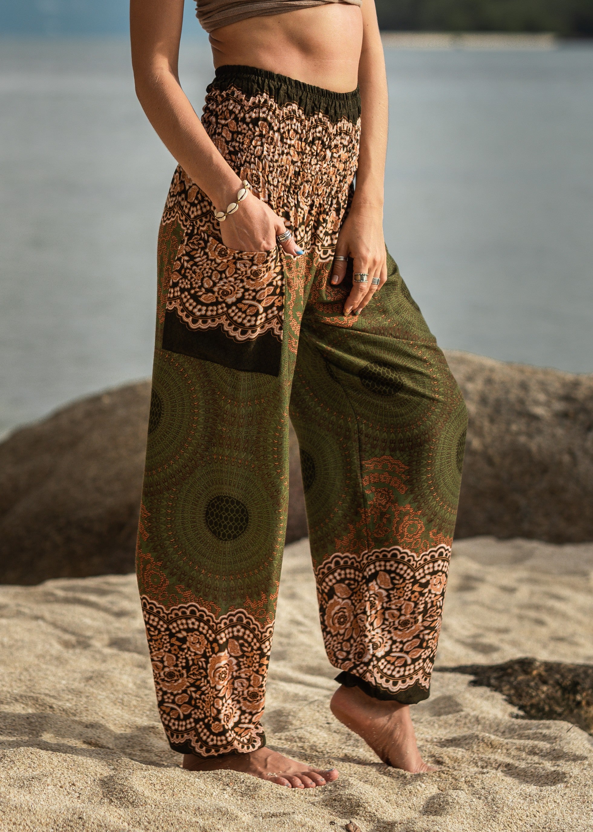 High Crotch Harem Pants - Mandala Print - Green