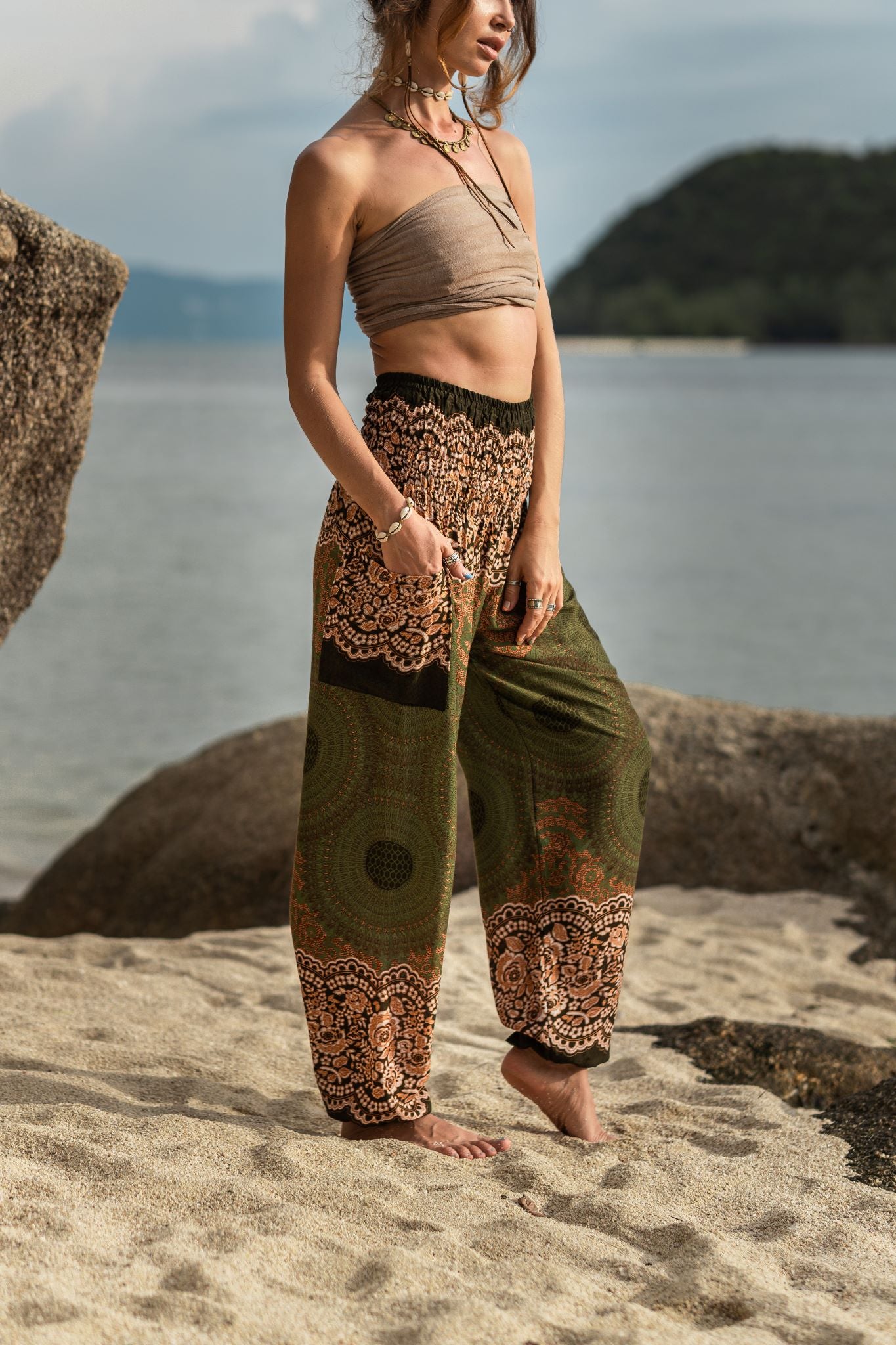 High Crotch Harem Pants - Mandala Print - Green