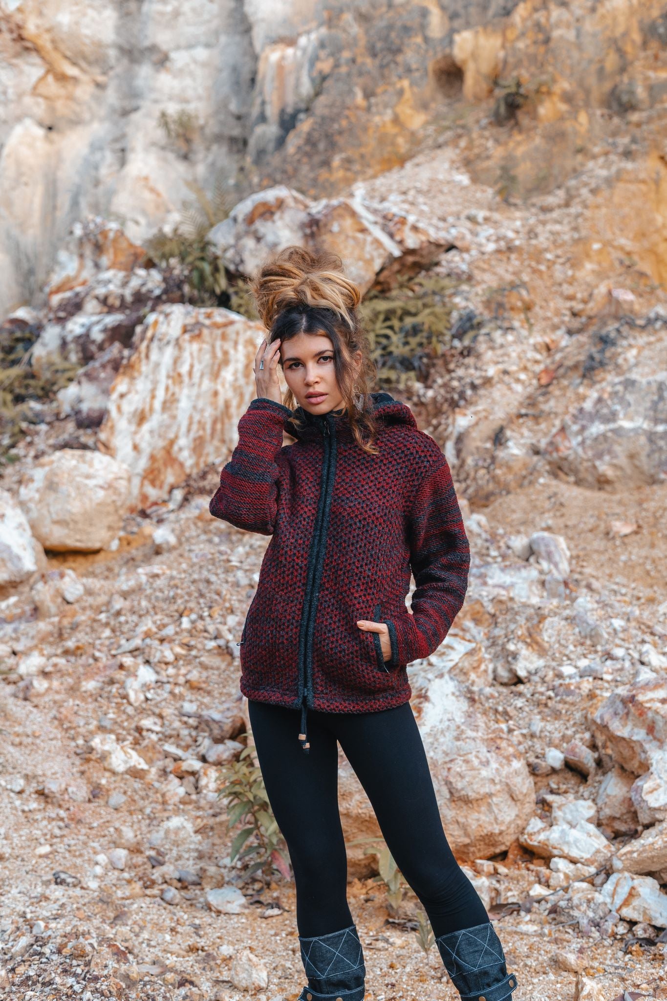 Wool Jacket - Eyelet Pattern - Maroon