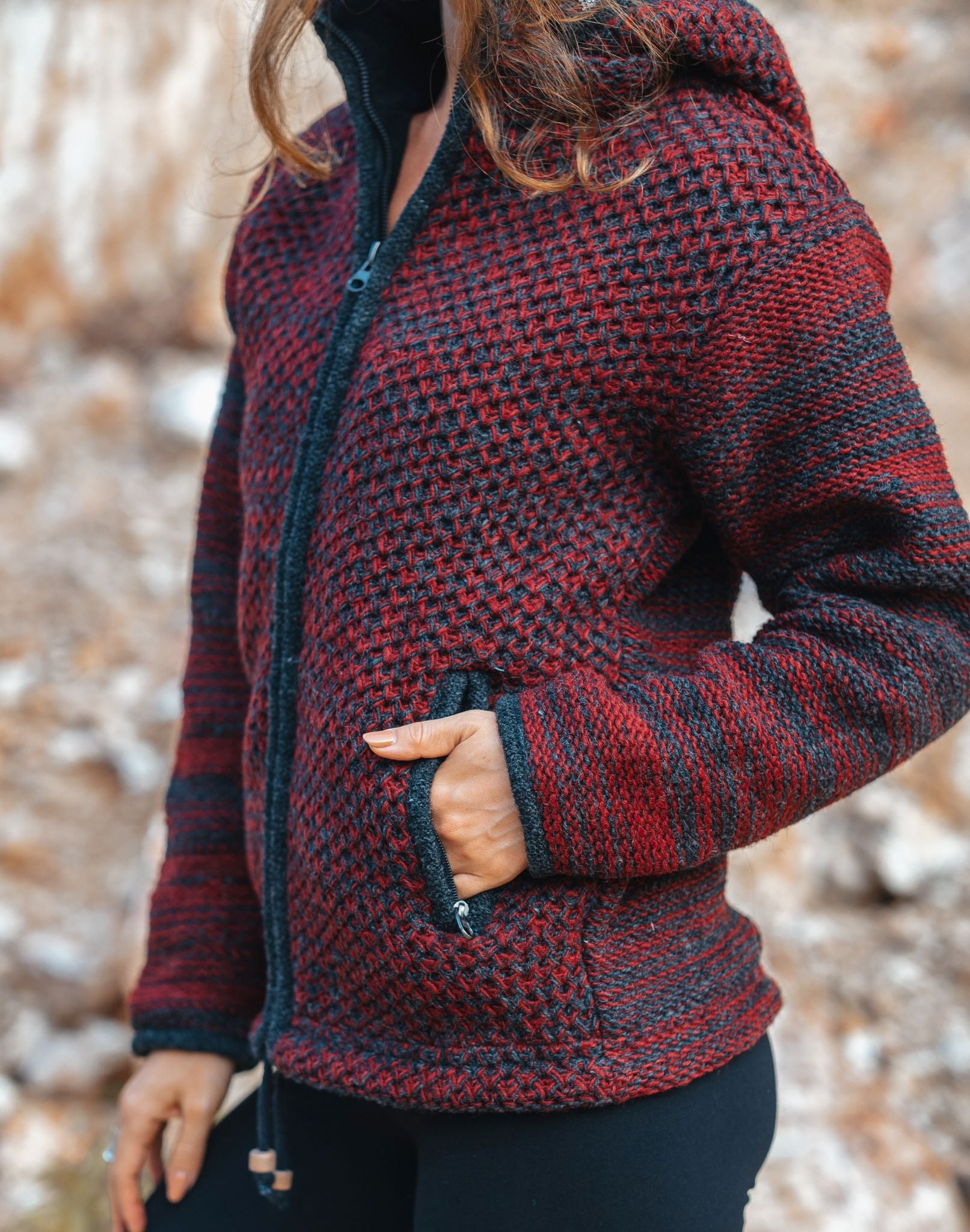 Wool Jacket - Eyelet Pattern - Maroon/Charcoal