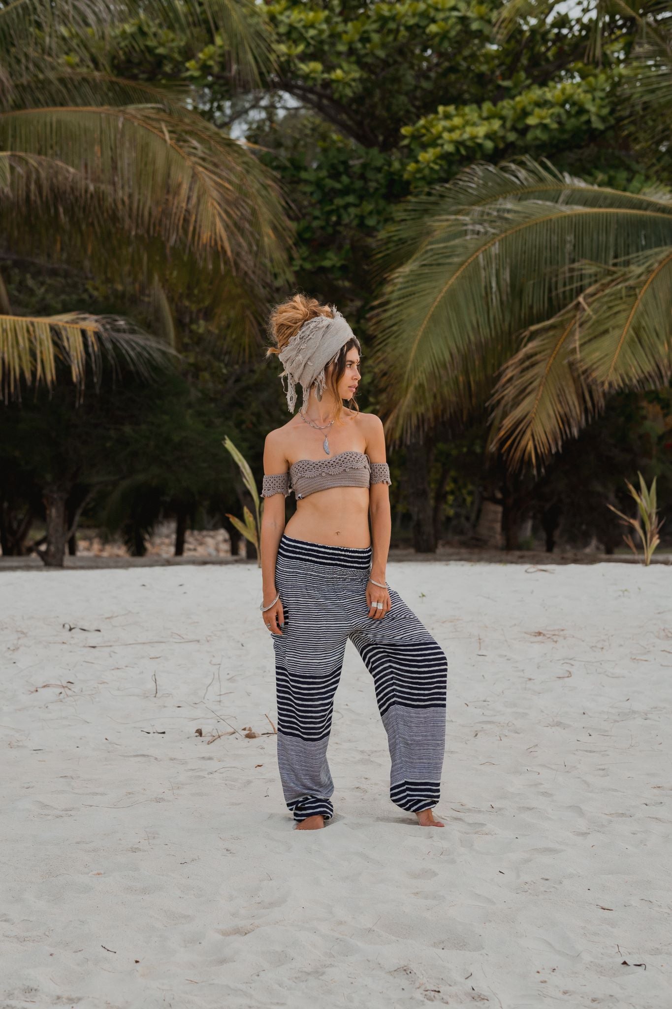 High Crotch Harem Pants - Striped - Navy