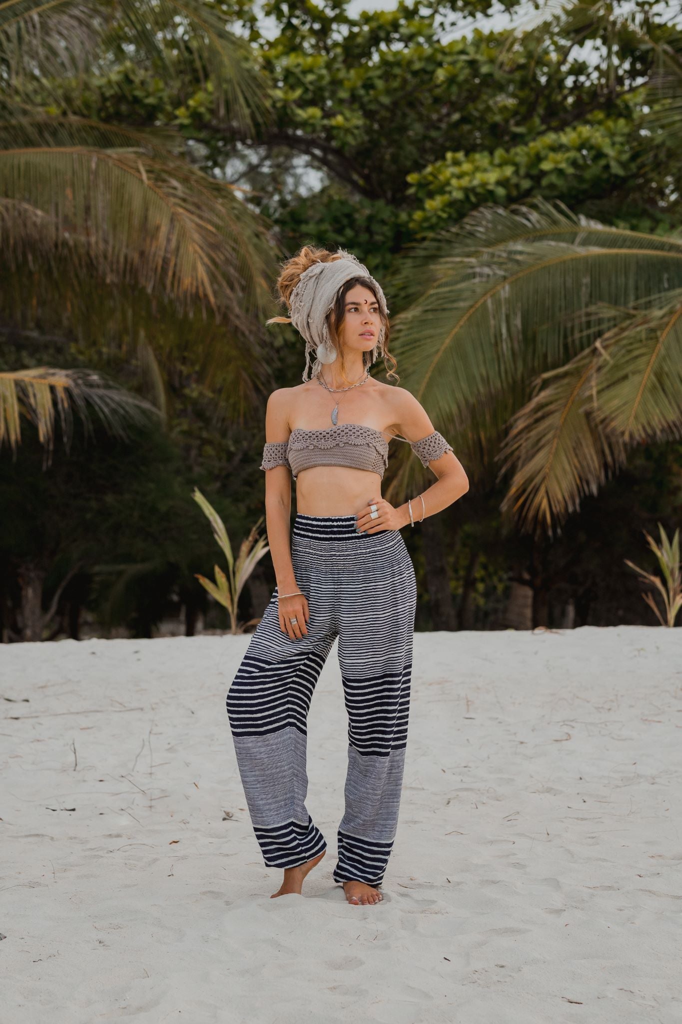 High Crotch Harem Pants - Striped - Navy