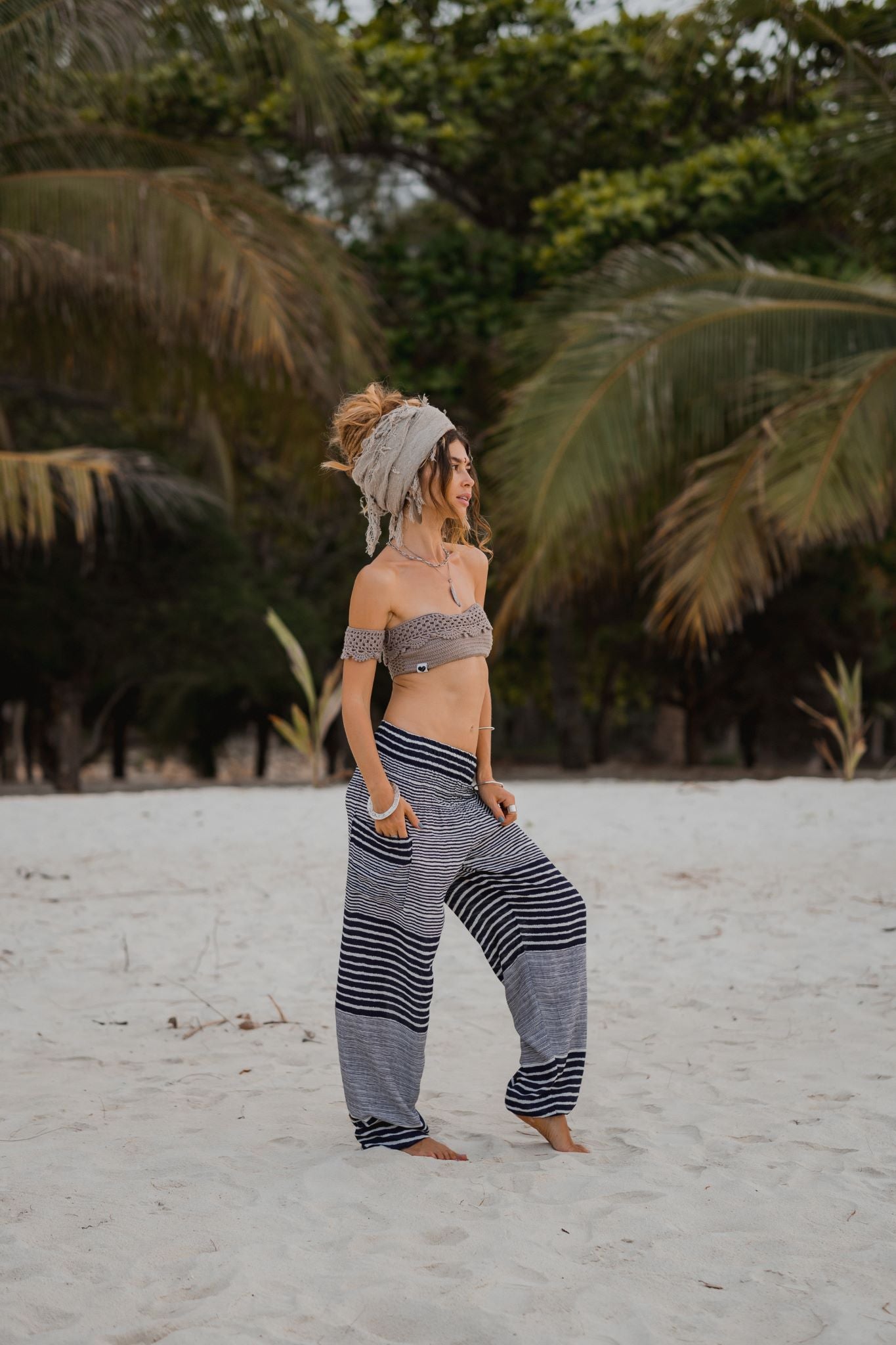 High Crotch Harem Pants - Striped - Navy