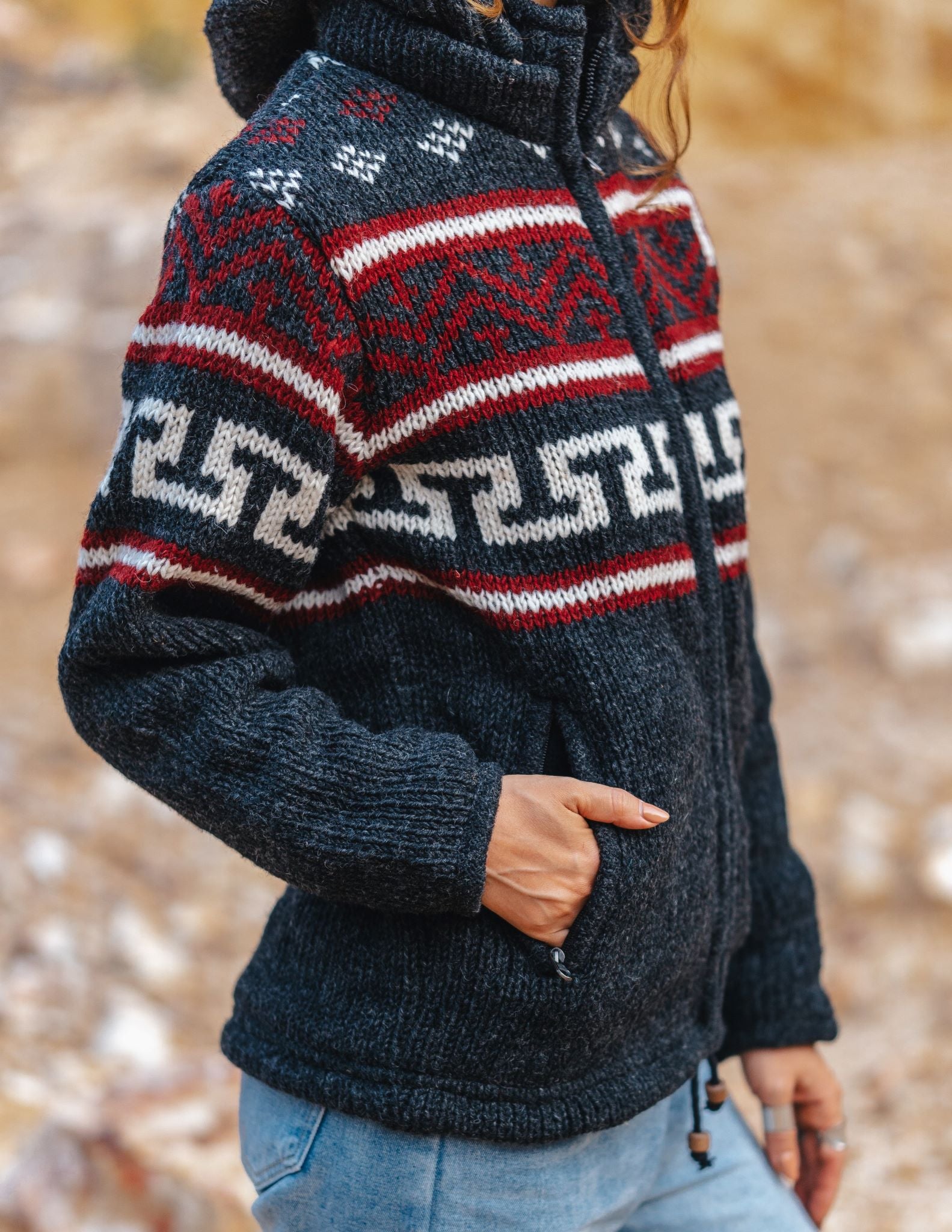 Wool Jacket - Aztec Pattern - Charcoal