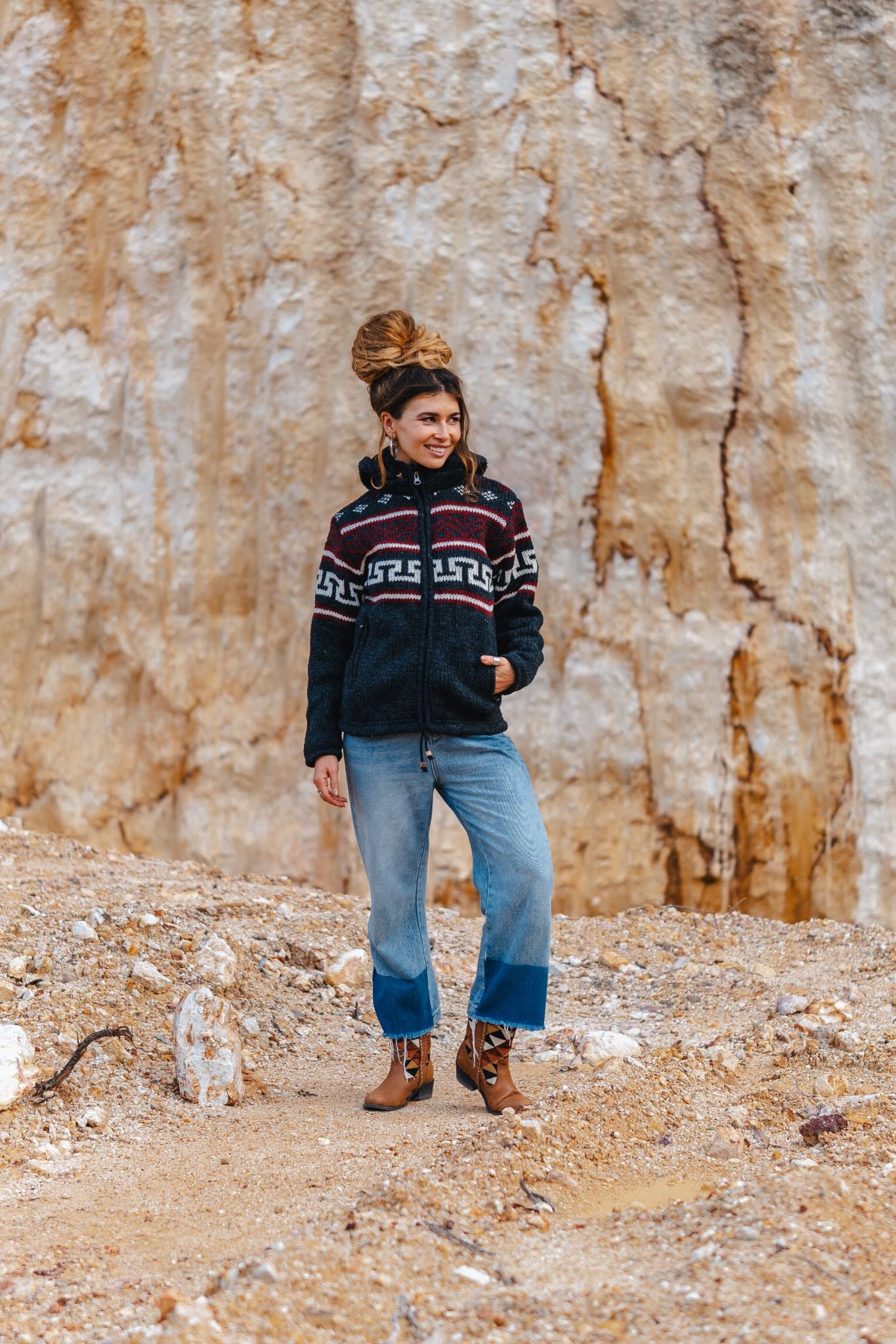 Wool Jacket - Aztec Pattern - Charcoal